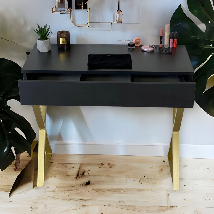 TOALETKA CZARNA MATOWA SZUFLADĄ ZŁOTE X 90CM Szerokość mebla 90 cm