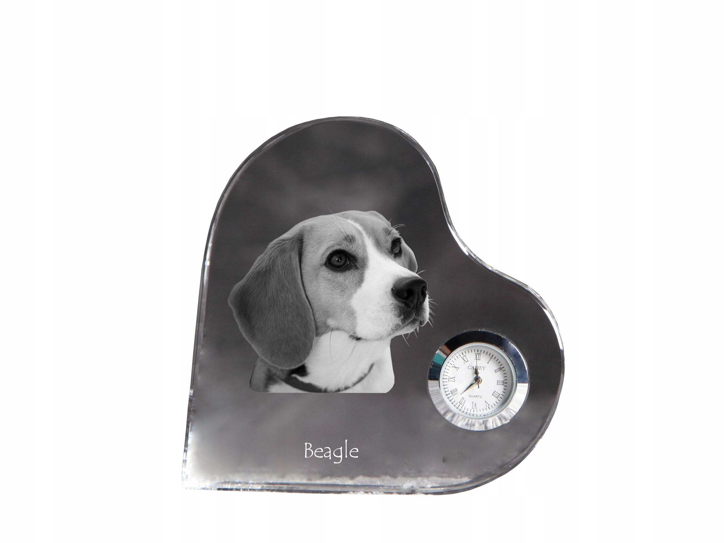 Beagle krištáľové hodiny v tvare srdca s vašou fotografiou