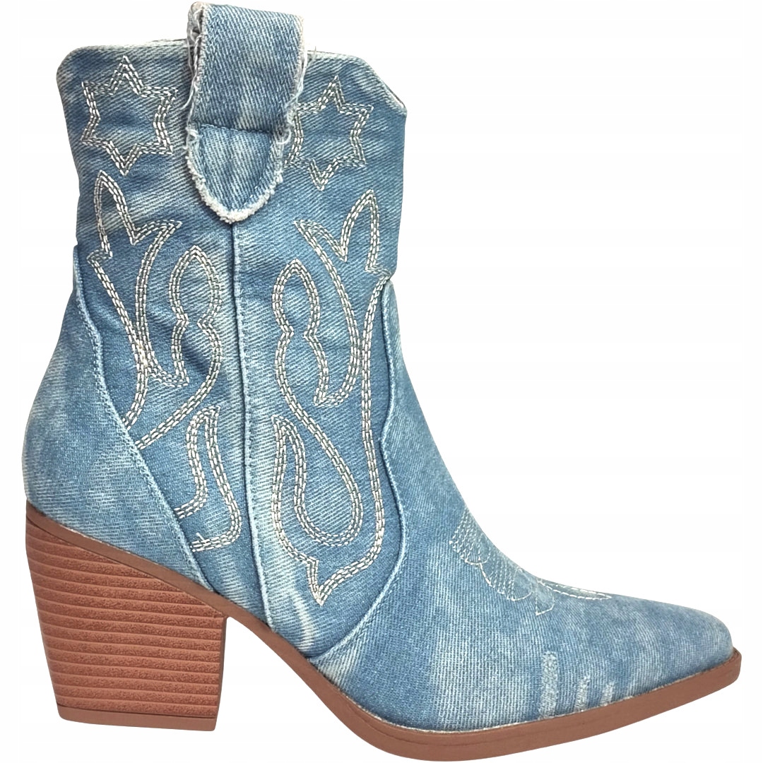Kowbojki Damskie Jeansowe Botki Jasne Haft Obcas 7 CM r 39