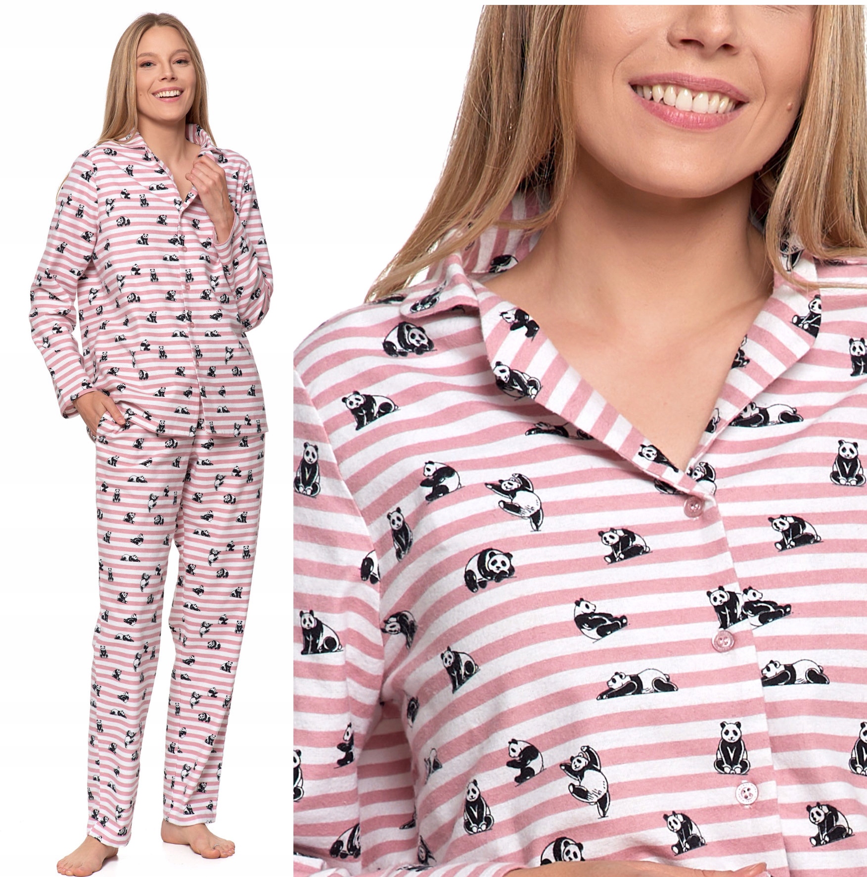 Dámské Dvoudílné Flanelové Pyžamo S Pandou, Pohodlná Bavlněná Tkanina Moraj 3XL