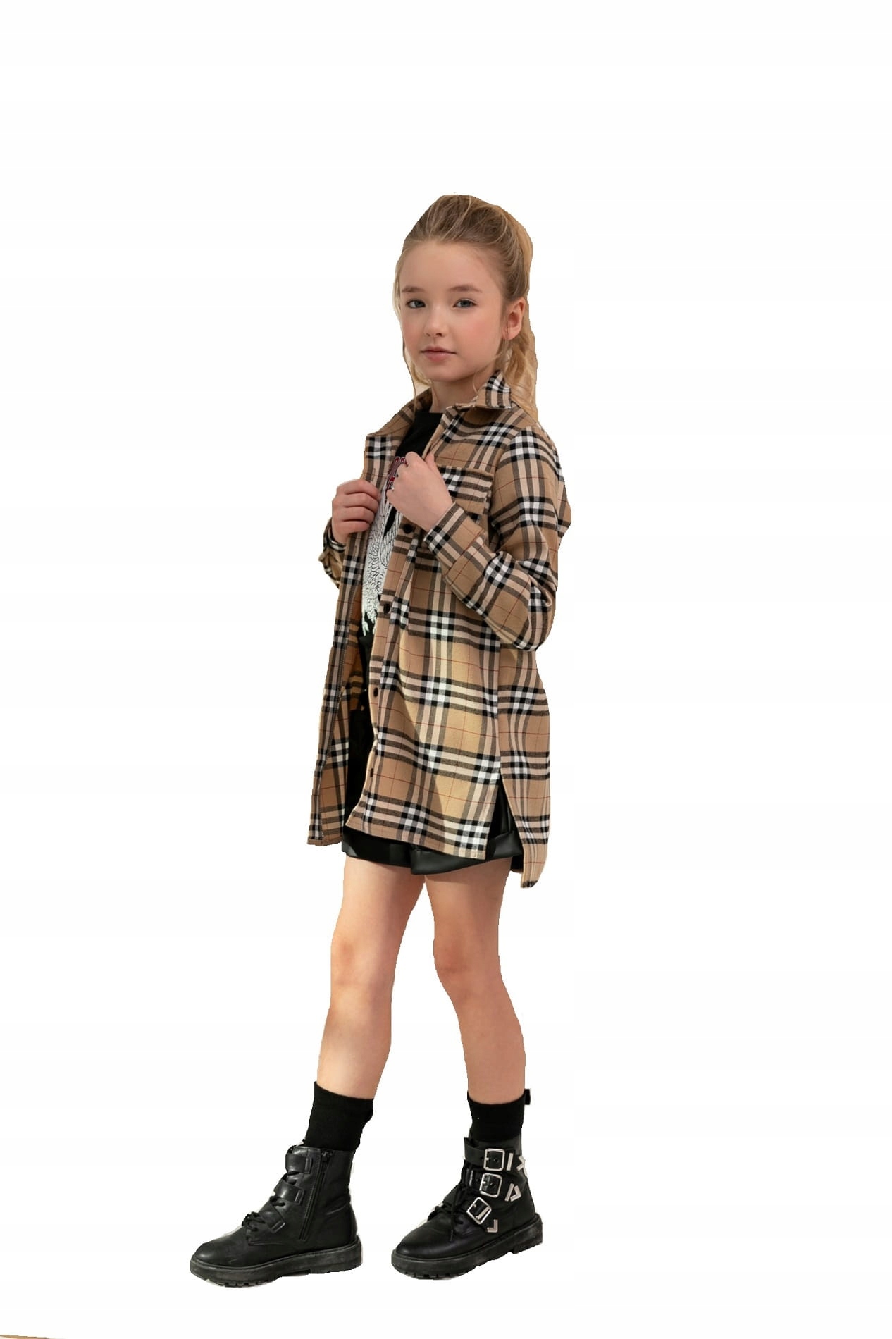 

Długa koszula w kratę beżowa All For Kids 128/134