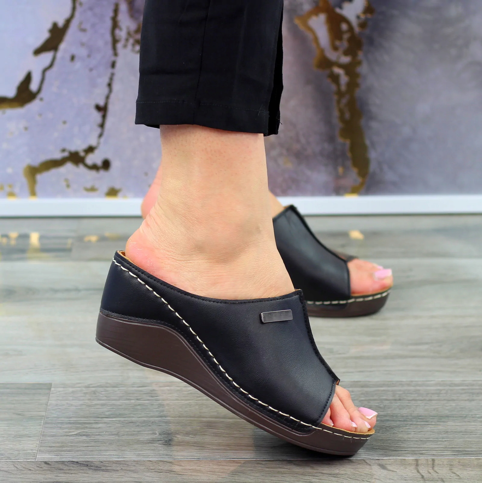 CZARNE KLAPKI DAMSKIE BUTY PROFILOWANE KOTURNIE 1 Rozmiar 41