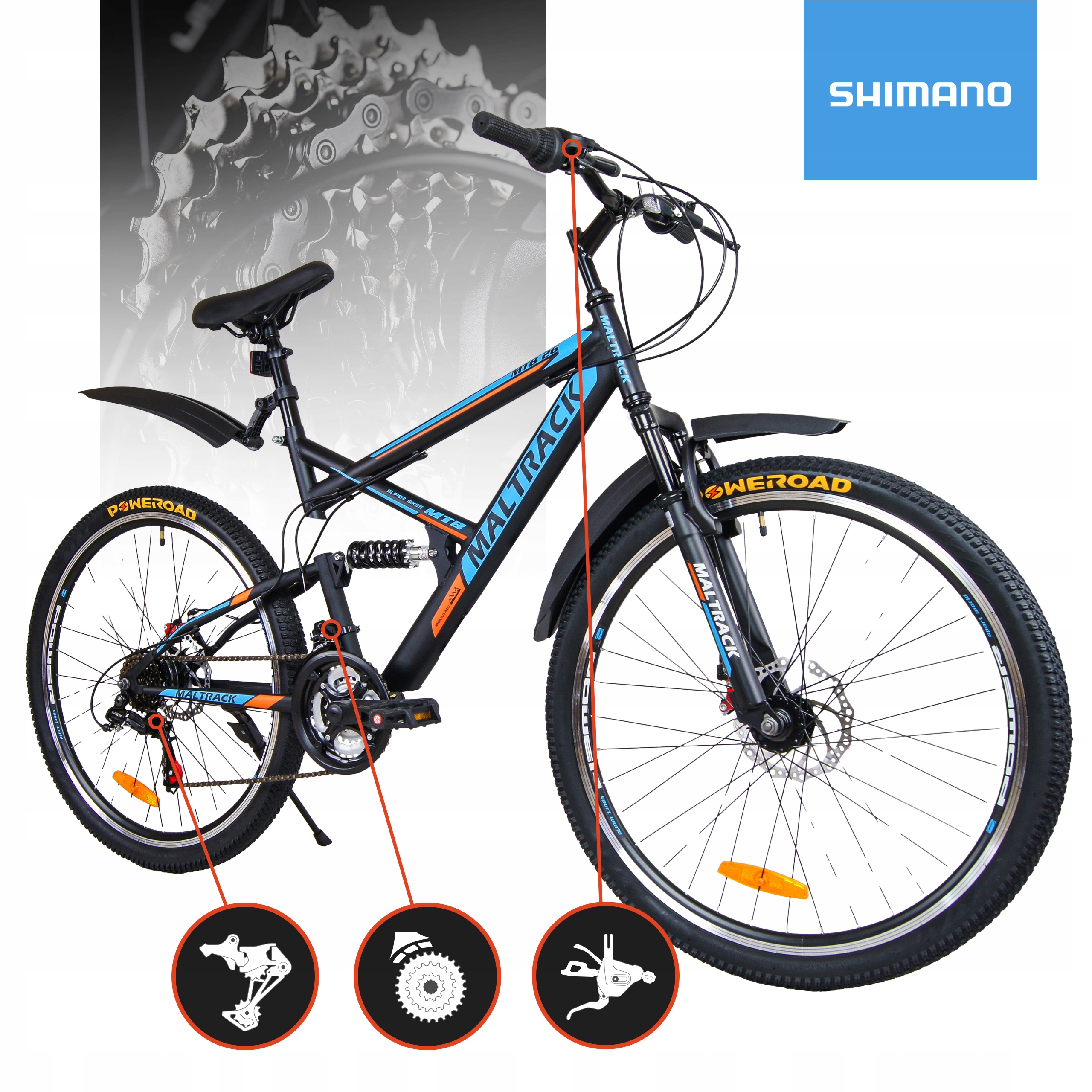 MTB ГІРСЬКИЙ ВЕЛОСИПЕД SHIMANO Амортизатори 26'' ПЛЯШКОВІ КРИЛА 18 ПЕРЕДАЧ Бренд MalTrack