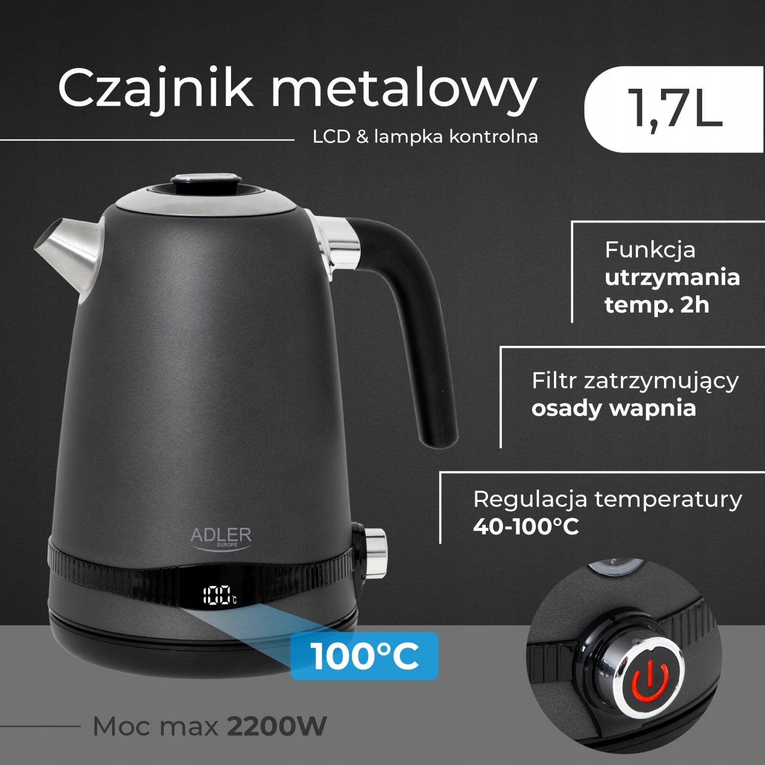 Czajnik Metalowy Adler AD 1295G 1,7L z LCD i Regulacją Temperatury
