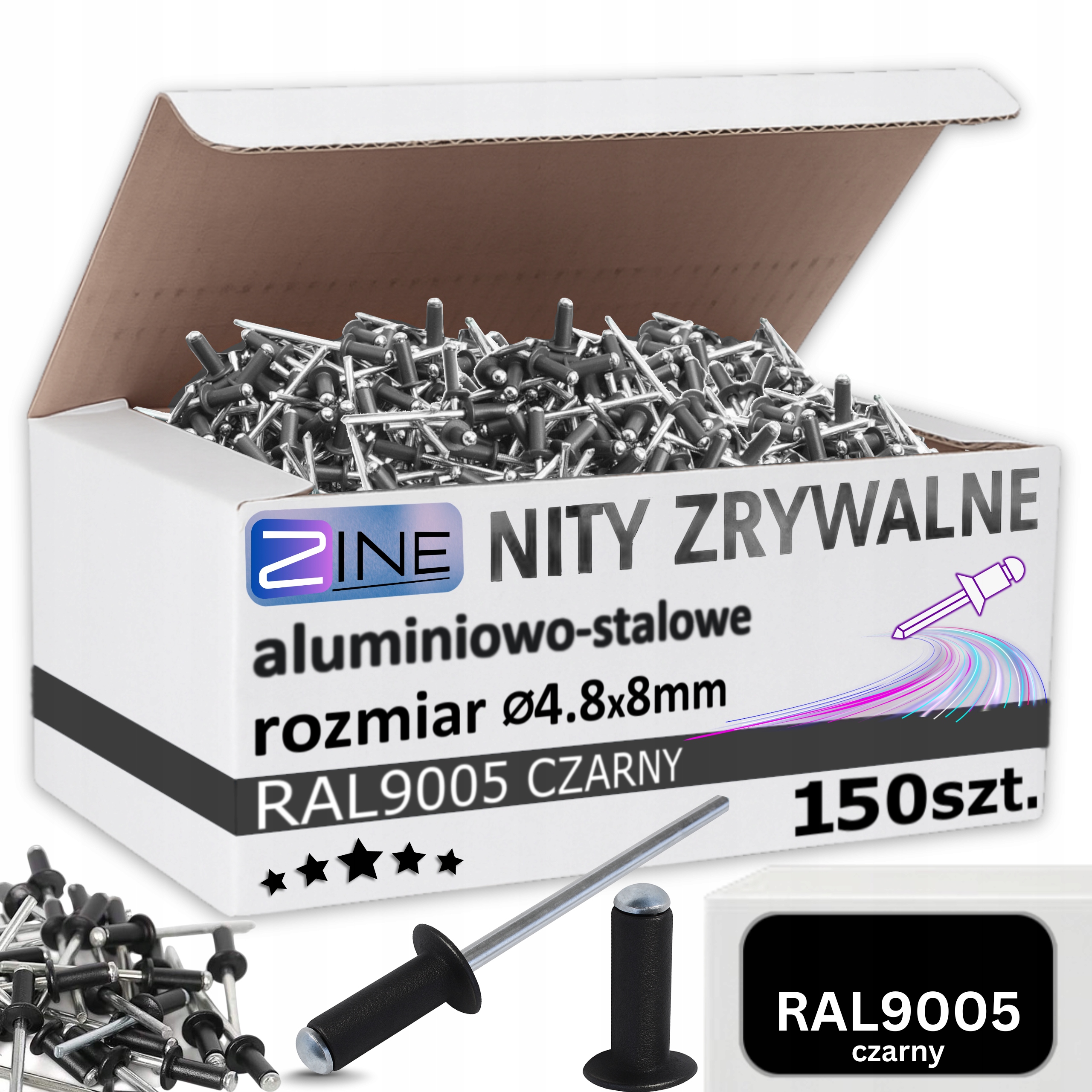 Nity Zrywalne 4.8x8mm Czarne Kolor Ral 9005 Czarny Mat Alu Zine 150 sztuk