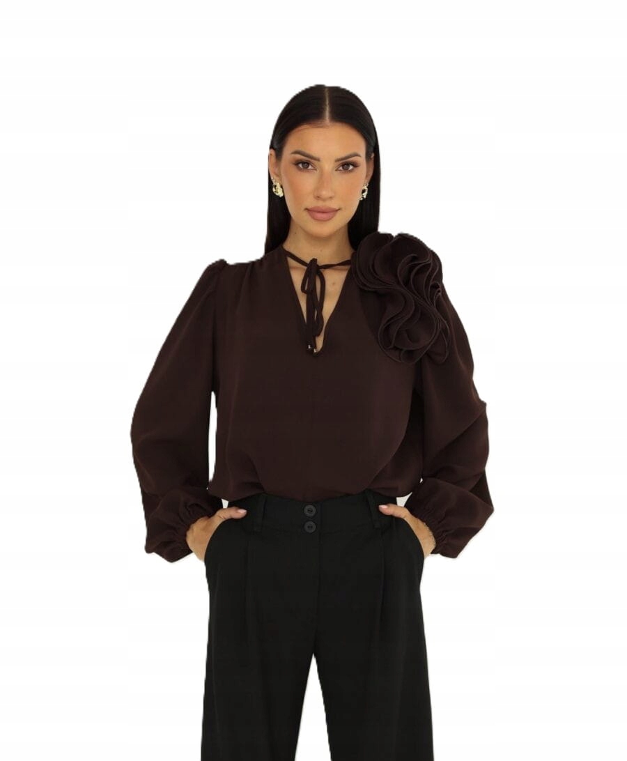 Stylowa bluzka Rose damska czekoladowa kwiat 3D dekolt V polska produkcja