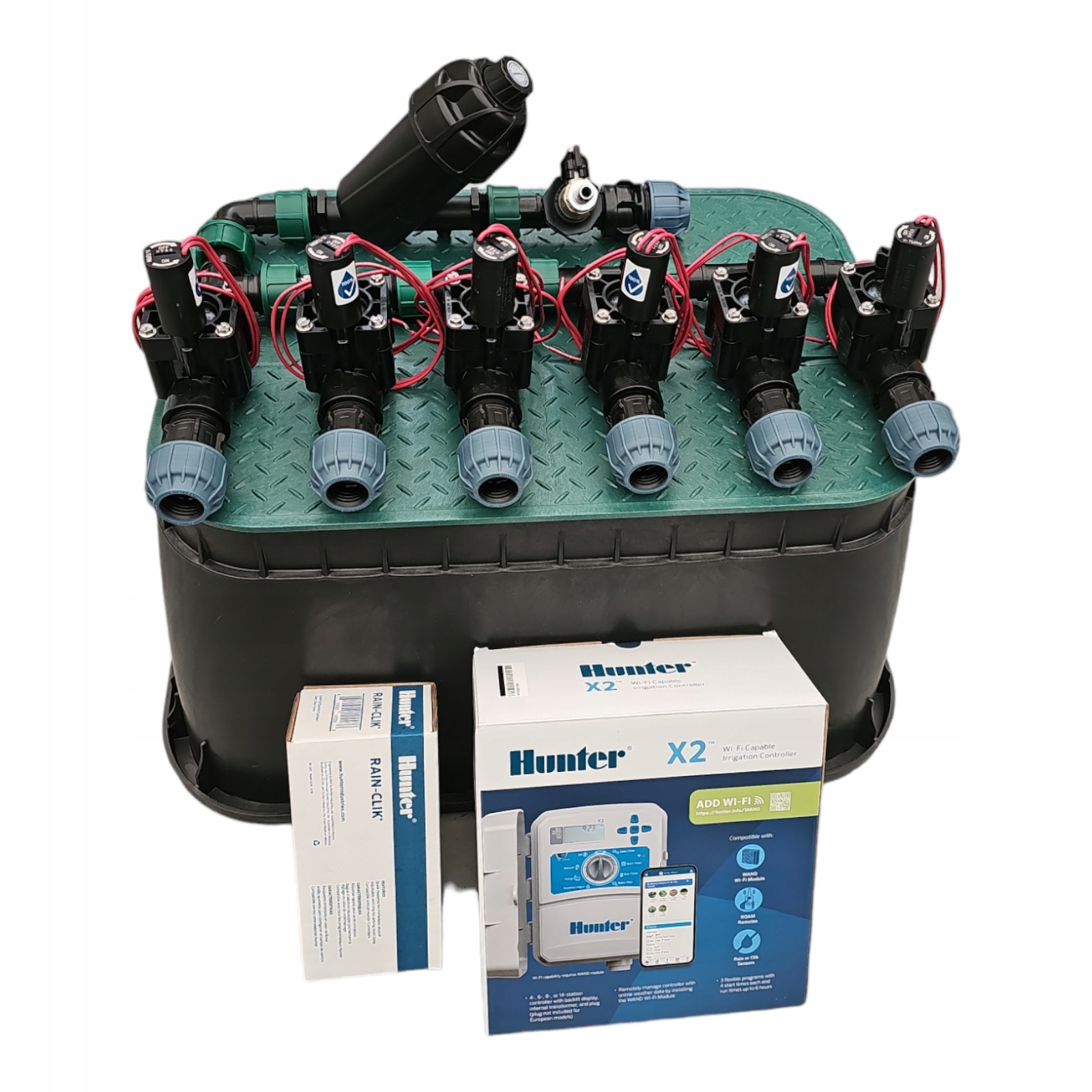 Zestaw 6 sekcji Hunter Pgv Filtr Sterownik X2 Czujnik Studzienka rura Pe 25