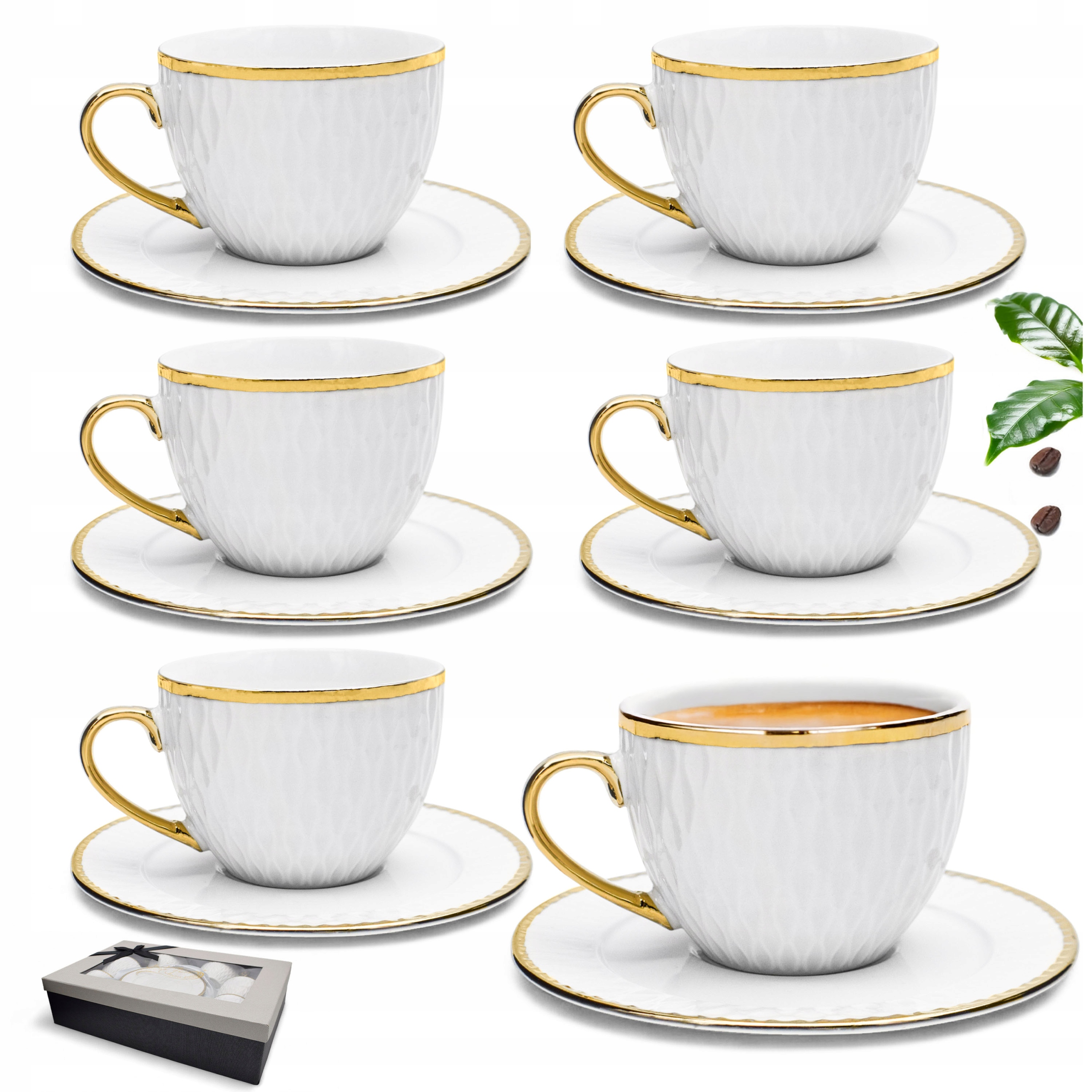 Sada porcelánových šálků 6+6 Podšálek Bílý Káva Sada Dárek 240 ml