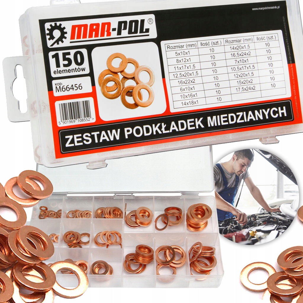 ZESTAW 150 SZT PODKŁADKI MIEDZIANE USZCZELKI MIEDŹ KASETKA