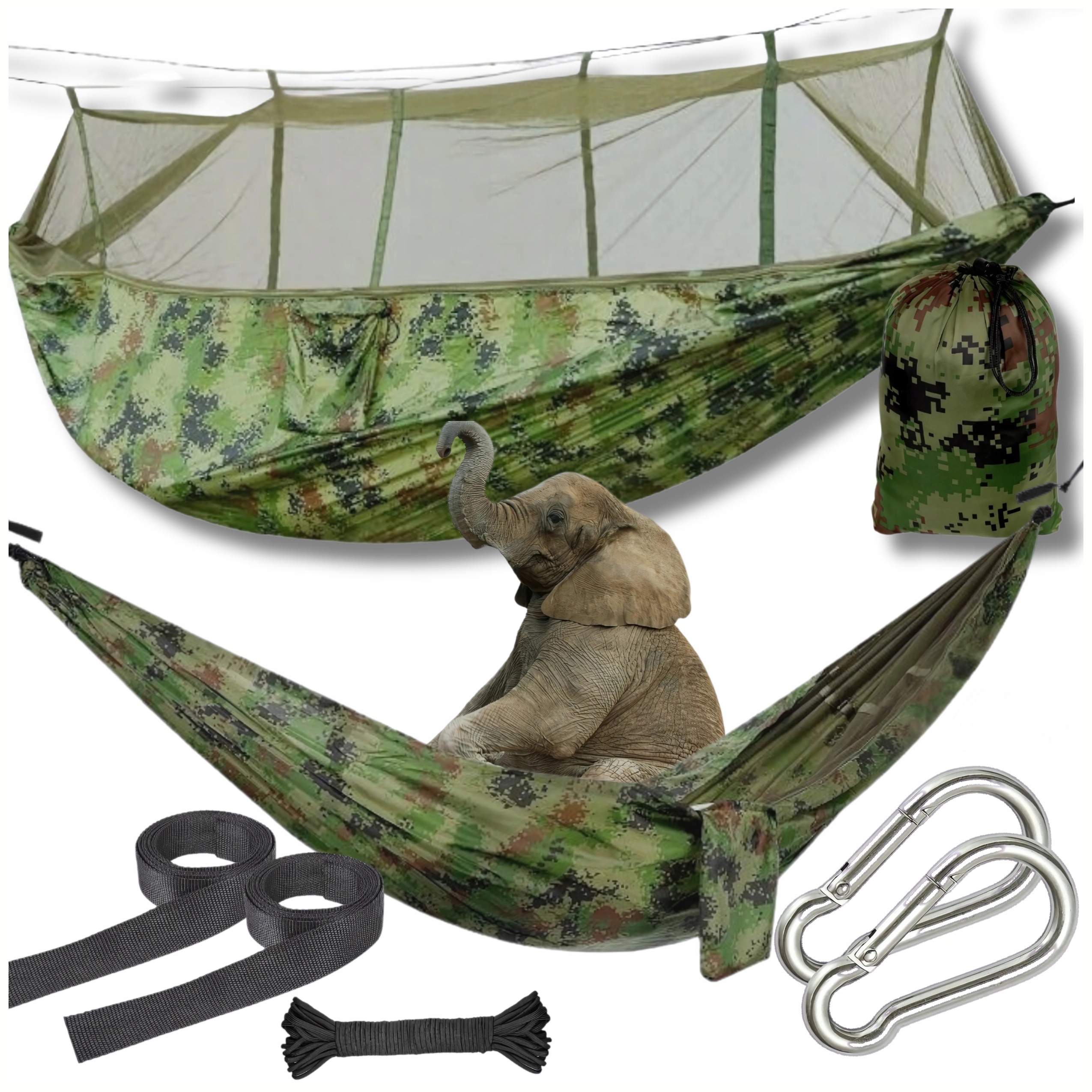 Hamak Dwuosobowy Moskitiera Kamuflaż Turystyczny 150KG Lekki Pełny Zestaw