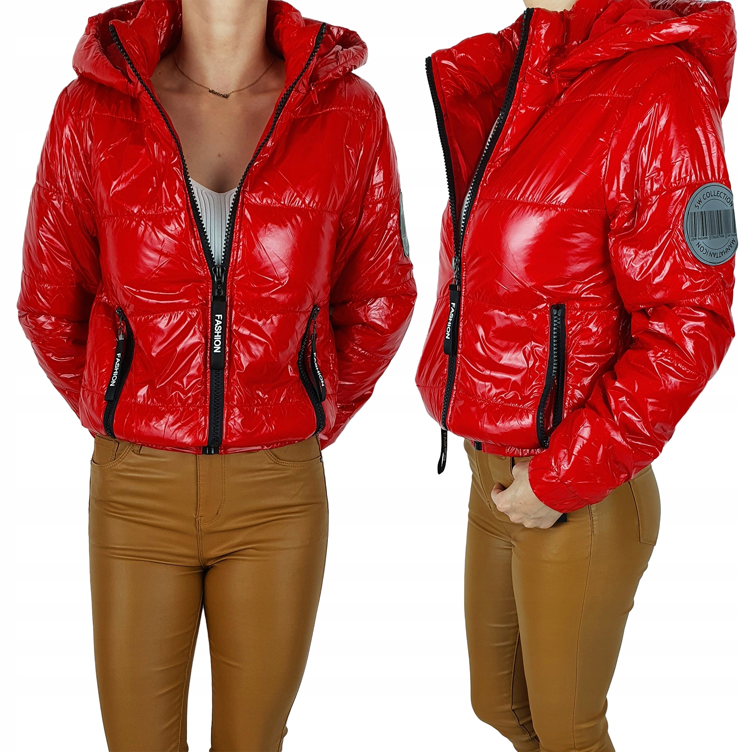 

#damska Kurtka Pikowana Kaptur Błyszcząca Kolory#