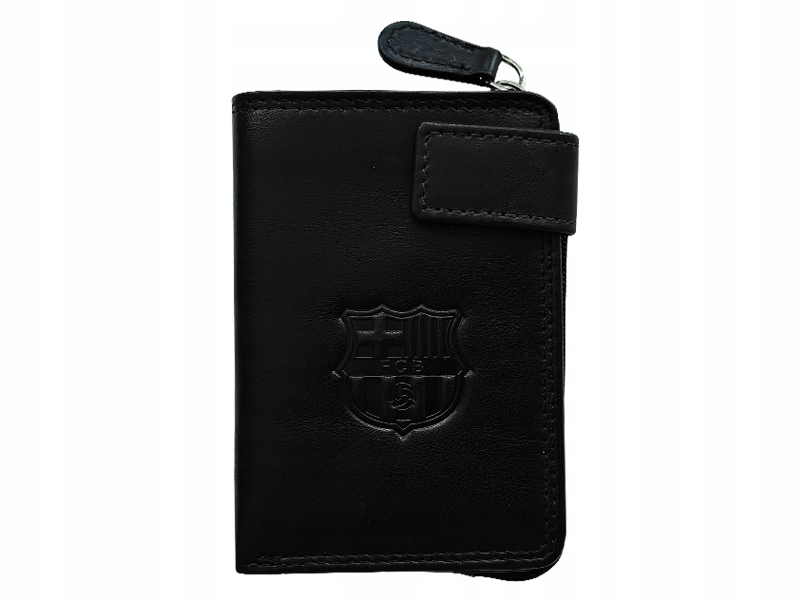 Fc Barcelona Portfel Na Zatrzask Czarny Skóra Naturalna Tłoczony Herb Rfid