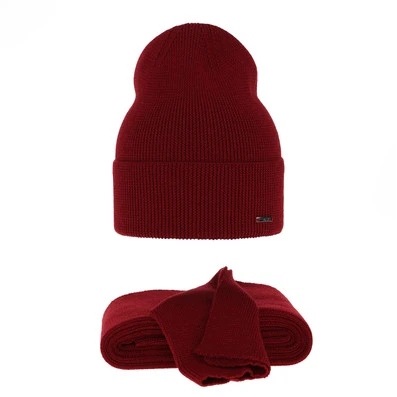 Čepice a šála dámský zimní komplet, vínová, 100% merino Melpomena