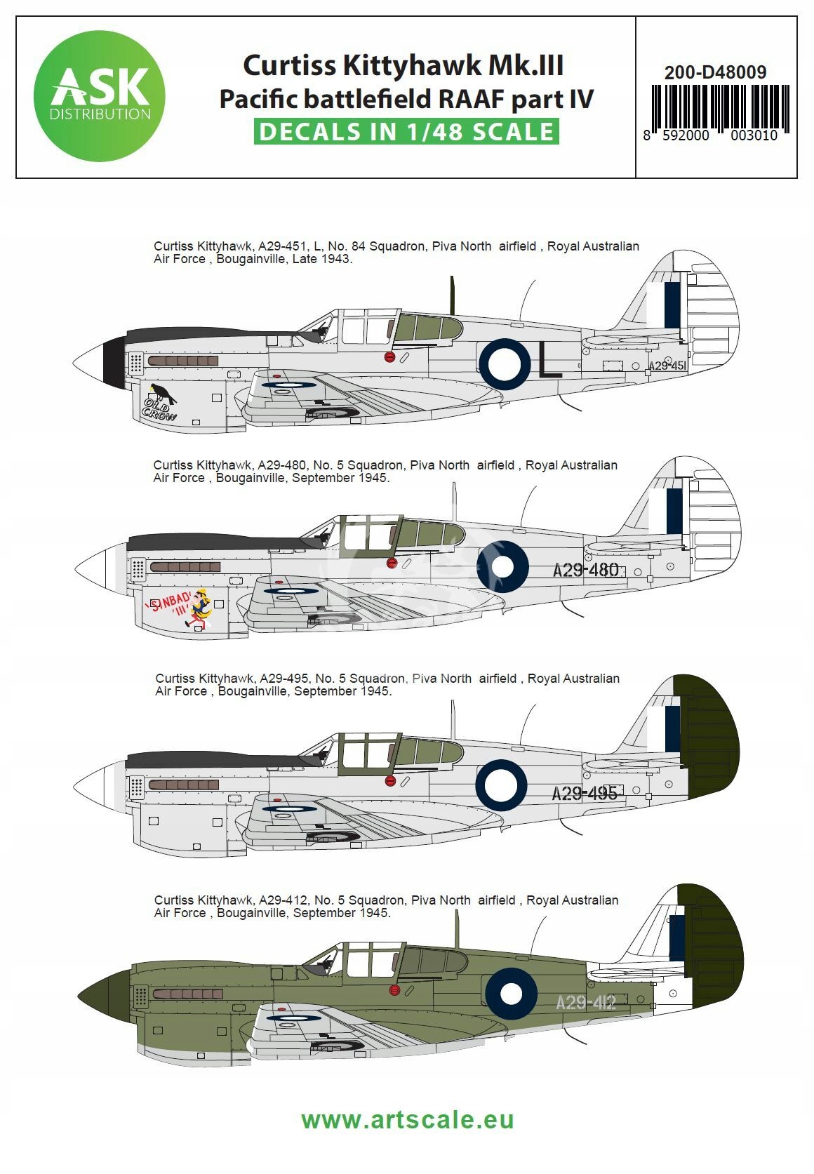 Curtiss Kittyhawk Mk.III Pacifické bojiště Raaf Art Scale 200-D48009 1/48