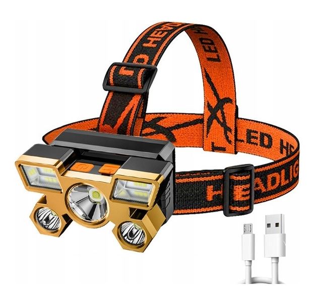 Mocna Latarka Czołowa Led Akumulatorowa Usb Czołówka 5 x Led