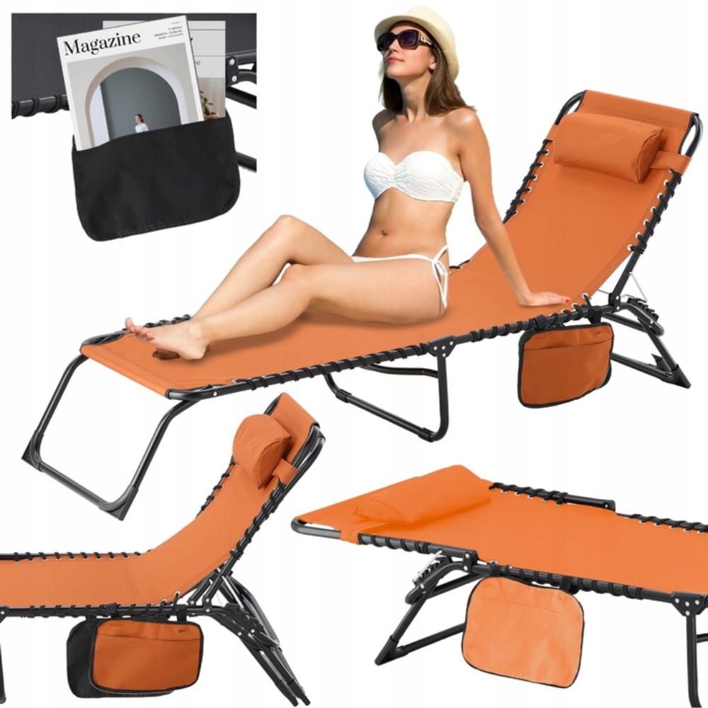 Leżak Ogrodowy Składany Leżanka Łóżko Fotel Plażowy Z Kieszonką I Poduszką