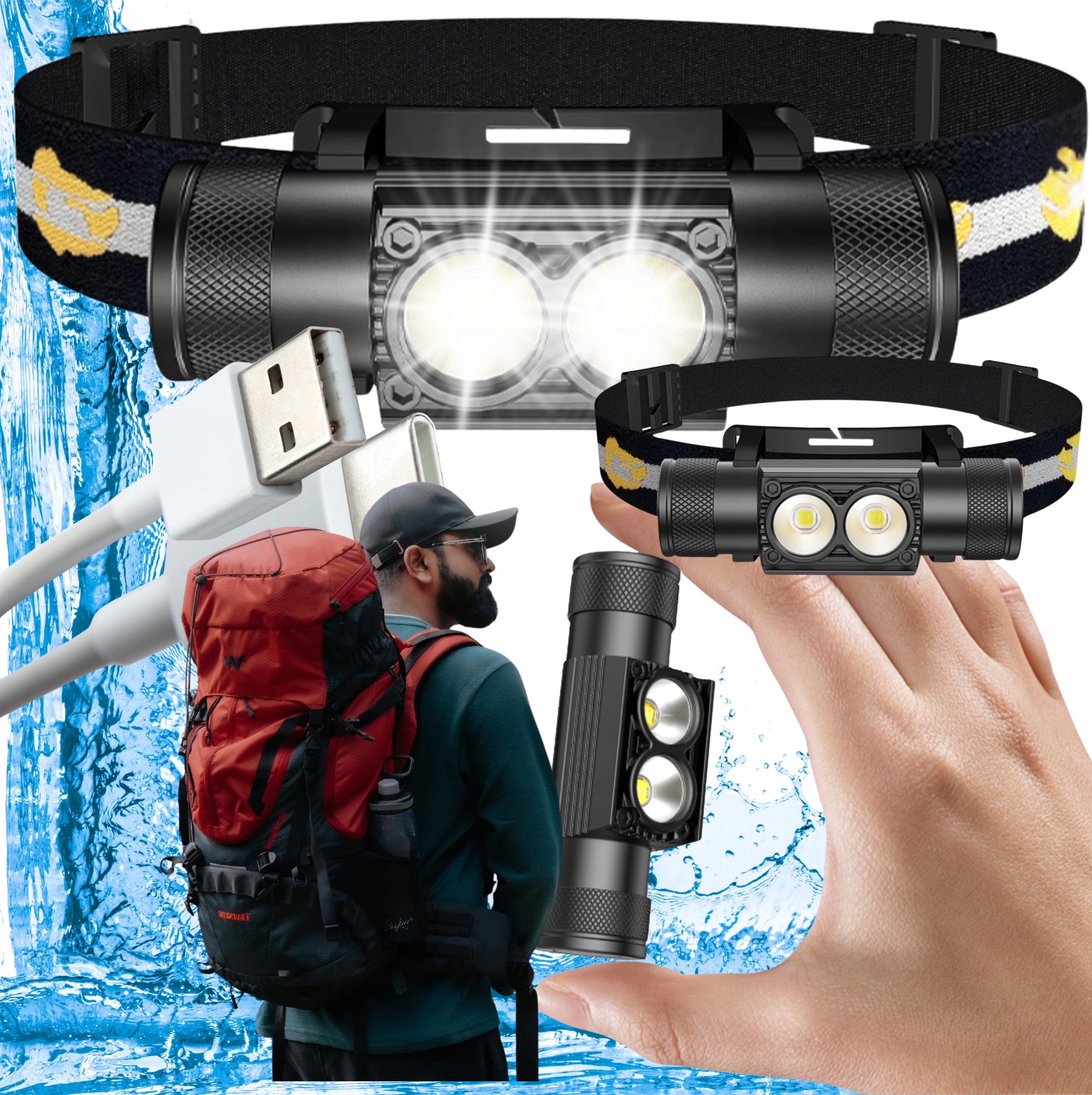 Výkonná Čelovka 1800LM Voděodolná Led Usb Nastavitelná Režimy Svícení