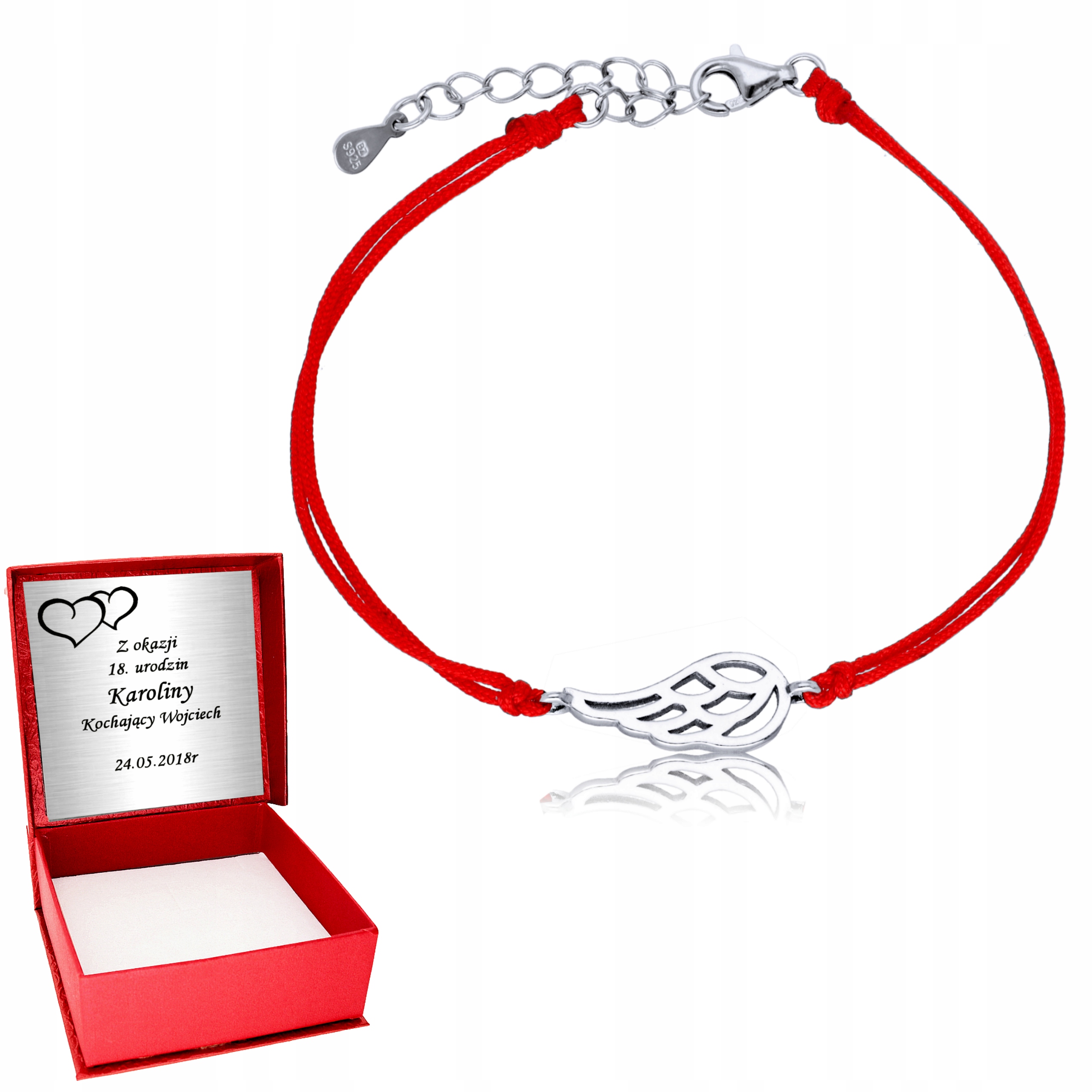 

Srebrna bransoletka 925 skrzydło sznurek Grawer