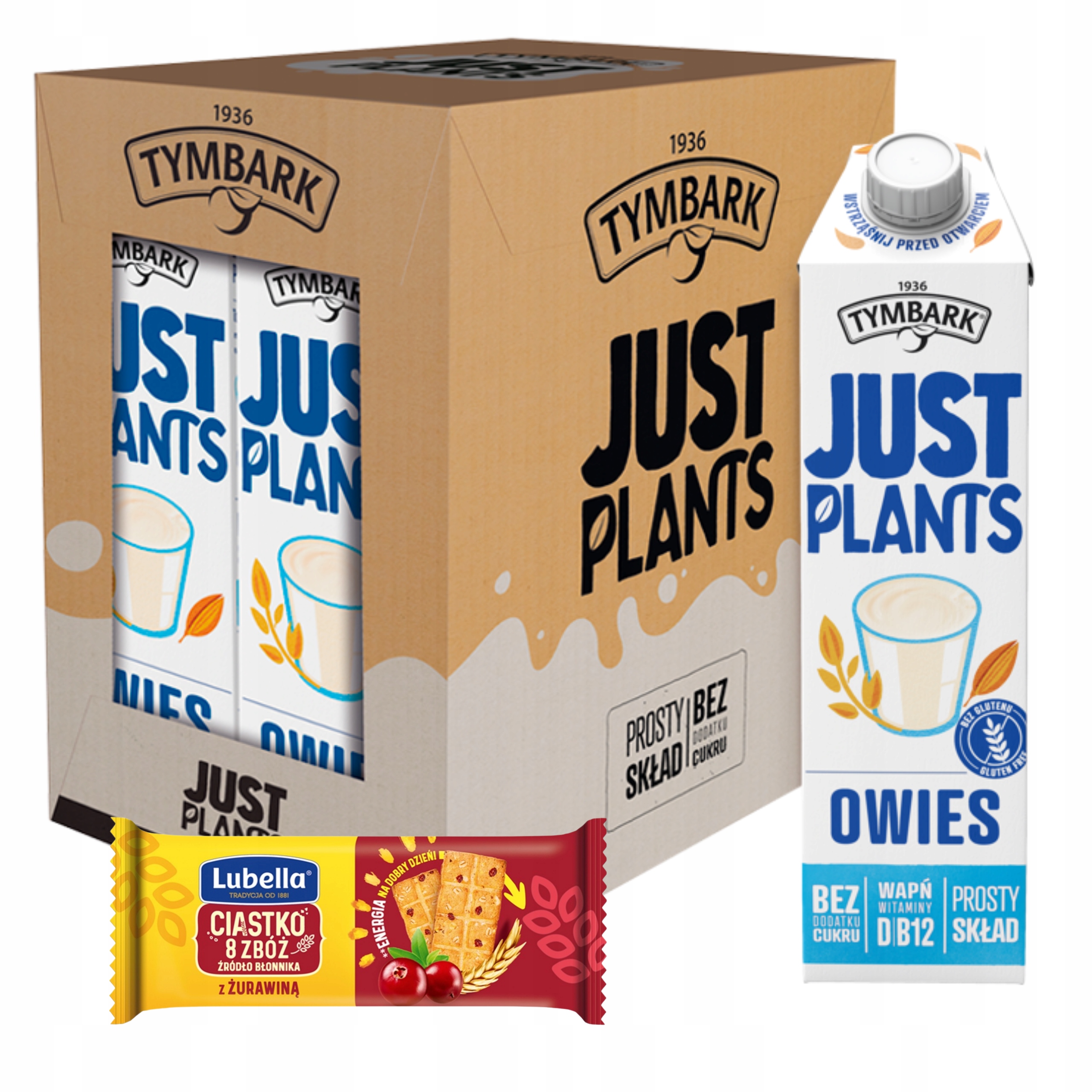 TYMBARK JUST PLANTS OWIES NAPÓJ ROŚLINNY 6x1l + GRATIS ciastka Lubella