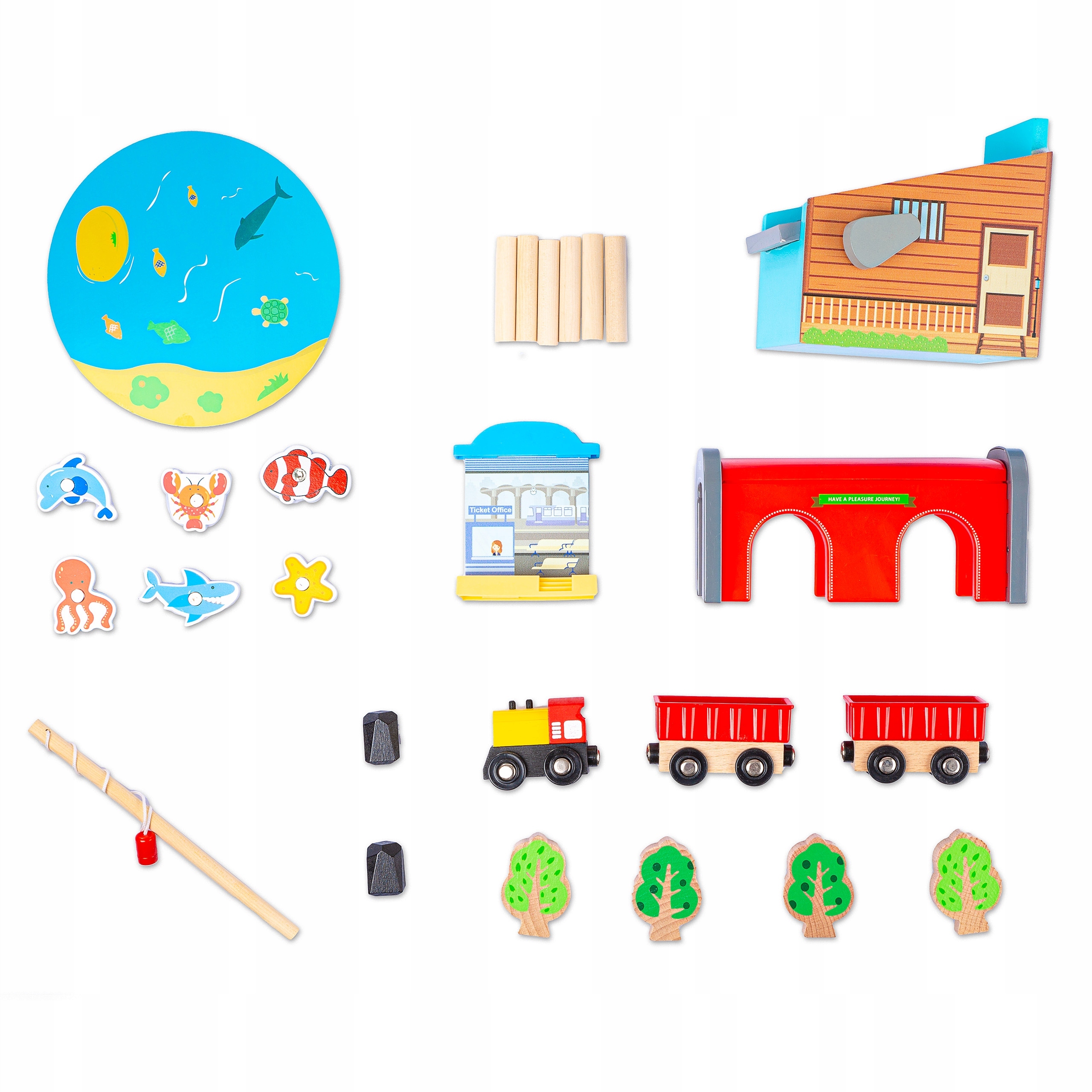 DREWNIANA KOLEJKA KINDERPLAY TOR POCIĄG WAGONY MOST TARTAK + ŁOWIENIE RYBEK Seria Green Series