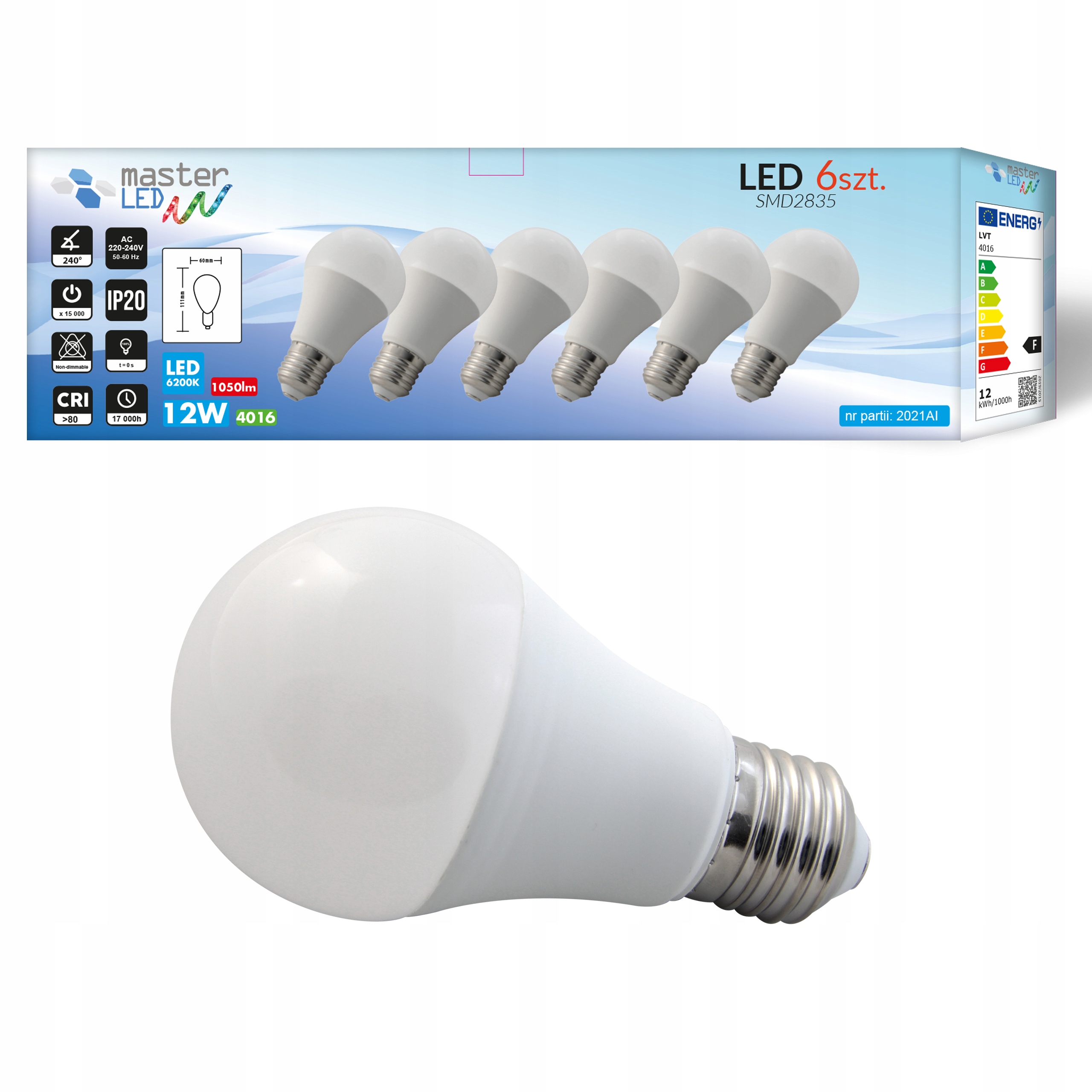 

Zestaw 6x Żarówka Led E27 1050lm 12W kula A60 230V