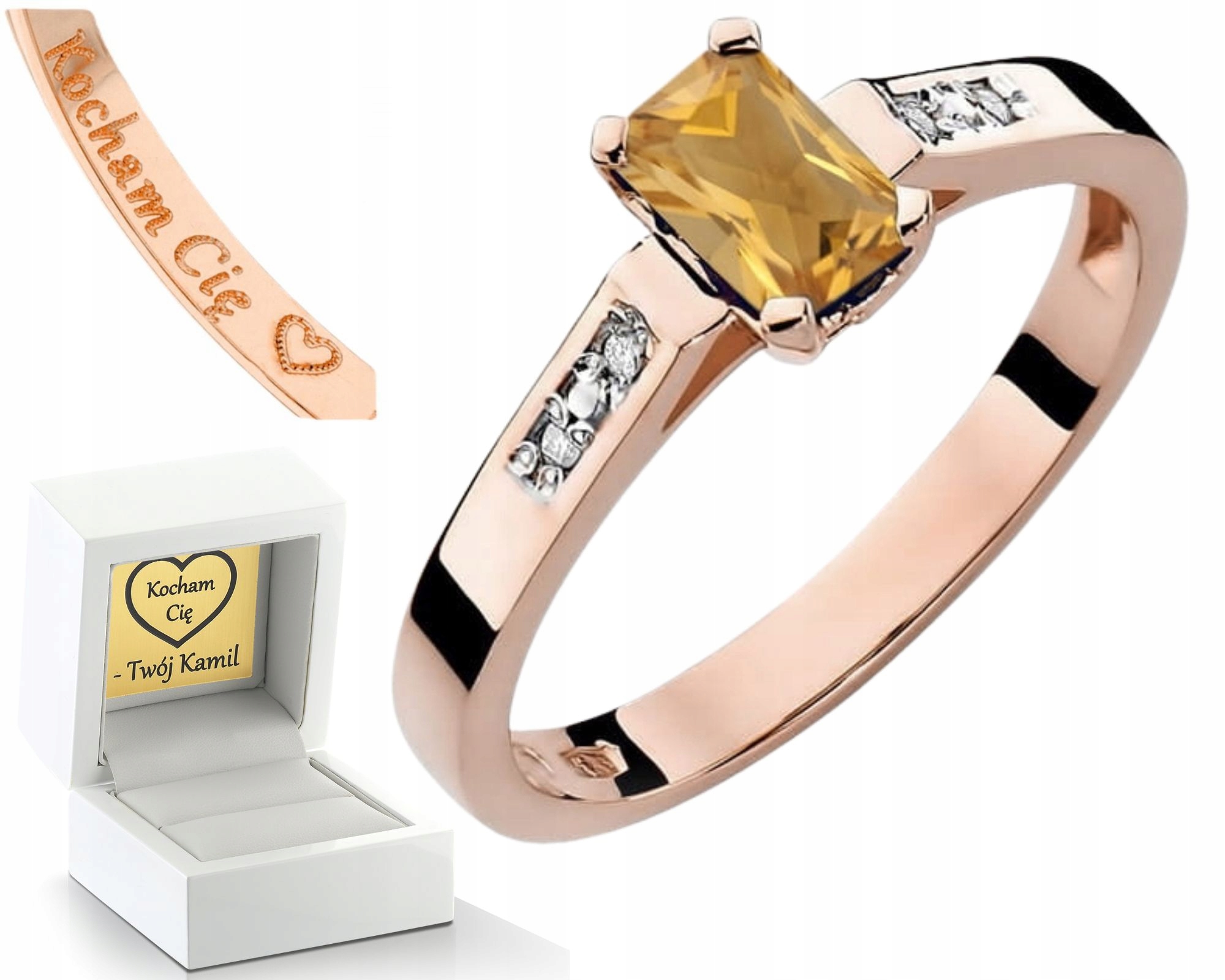 Růžový Zlatý Prstýnek S Citrínovými Diamanty Gravírování Zlato 585, Dárkové Dárek