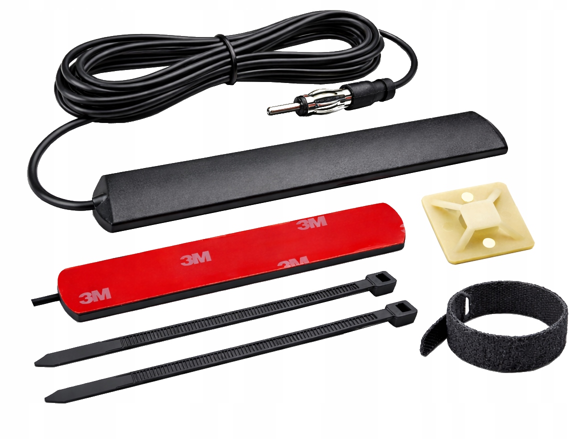 Antena samochodowa wewnętrzna FM uniwersalna DIN + uchwyt i opaska rzepowa