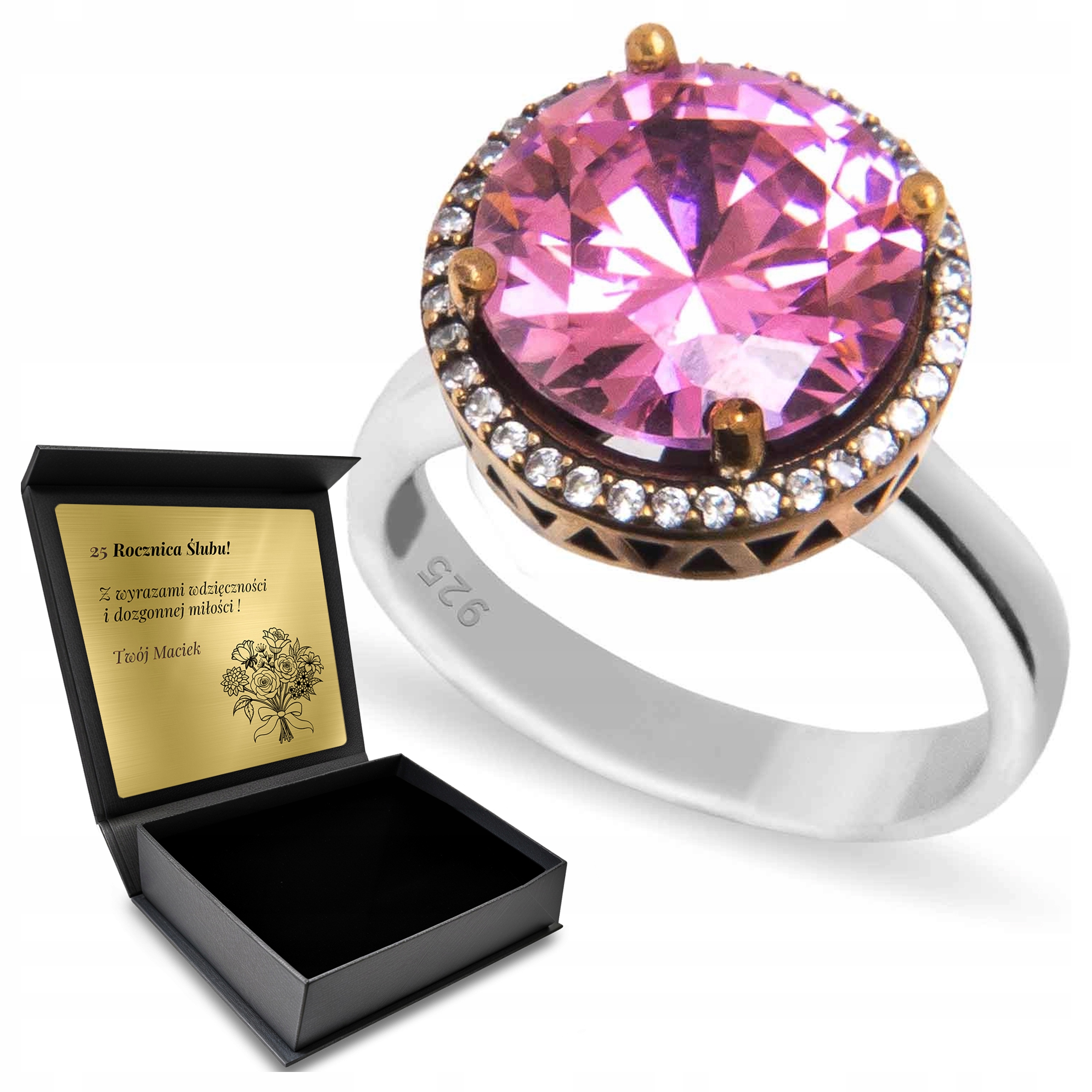 Prstýnek 925 S Zirkony A Růžovým Topazem, Valentýn Gravírování