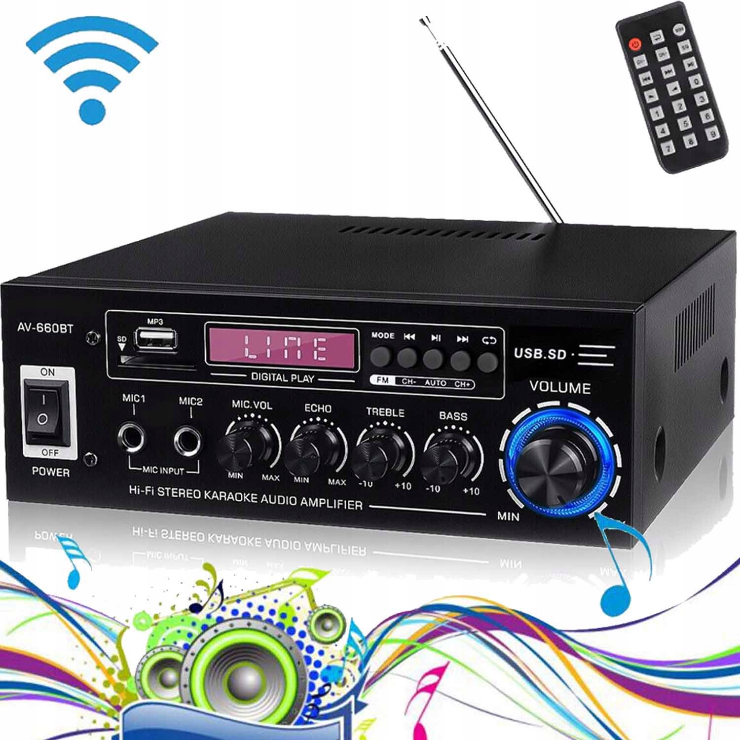 Stereo Zesilovač Zvuku Hifi Bluetooth Usb Sd Fm Aux Dálkové Ovládání Pro Karaoke 5.0