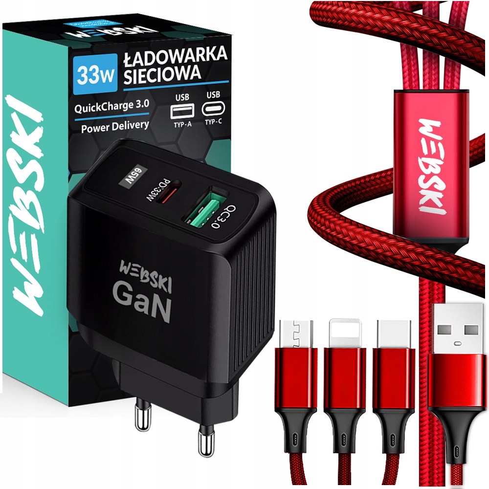 

Ekspresowa Ładowarka GaN 33W Pd QC3.0+KABEL 3W1