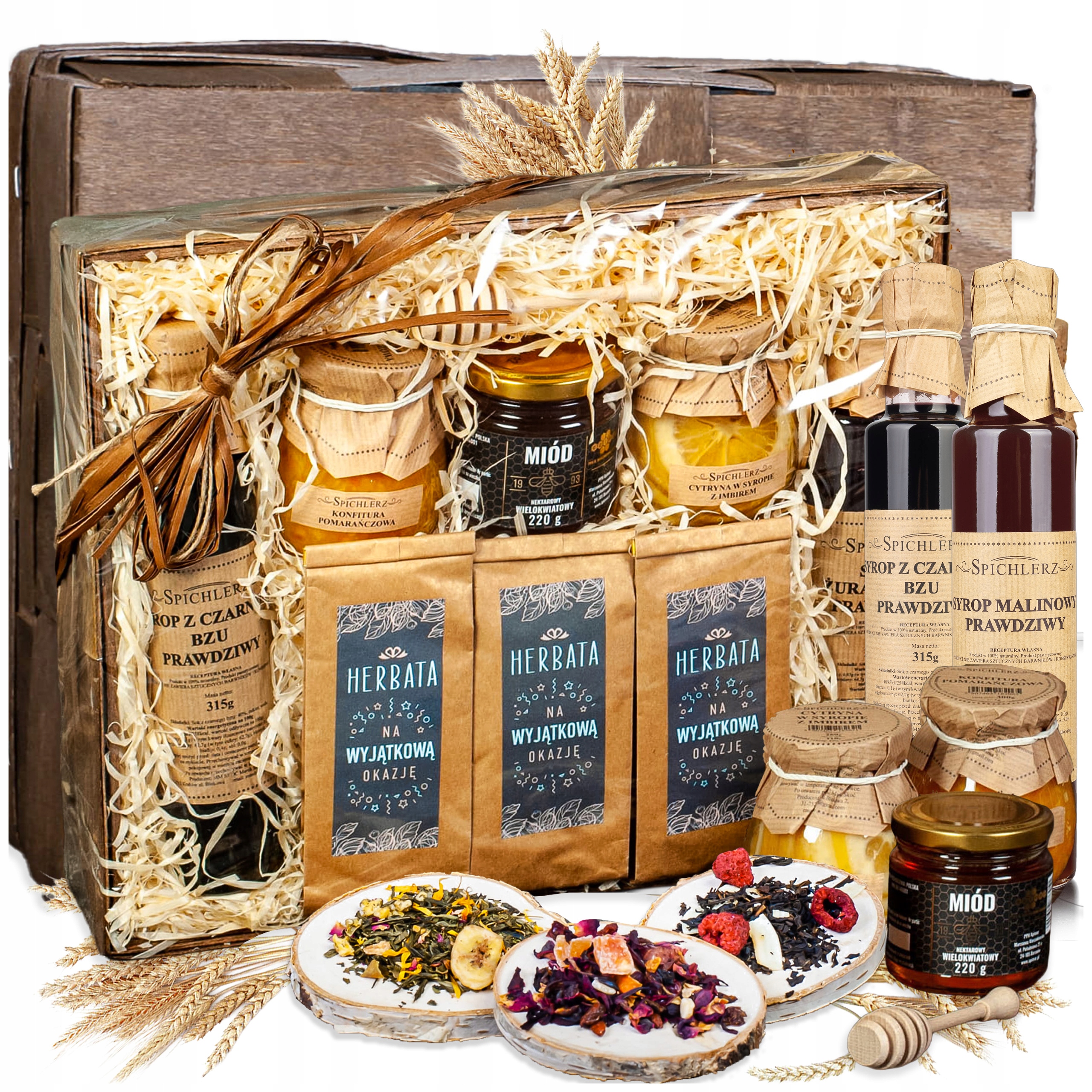 Kosz Prezentowy herbaty syropy konfitury miód Zestaw upominek