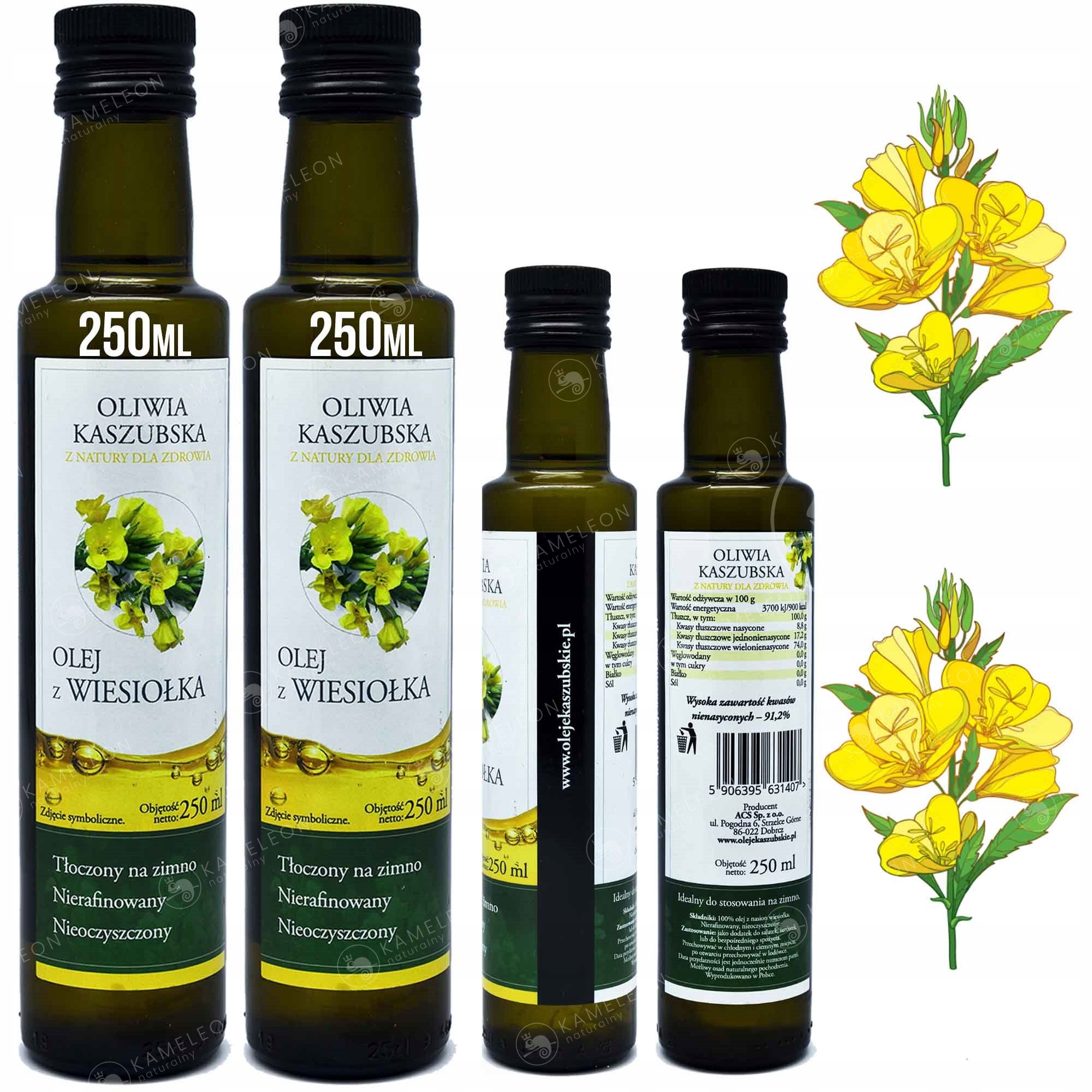 Olej Z Wiesiołka Wiesiołek Tłoczony Na Zimno Nierafinowany 250ml x2 500ml