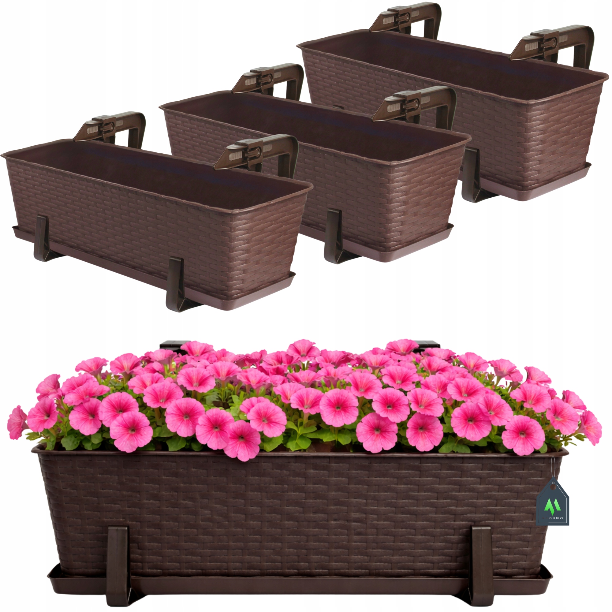 3 x Skrzynka Balkonowa Doniczka Donica 60cm Z Uchwytami Zestaw Brąz