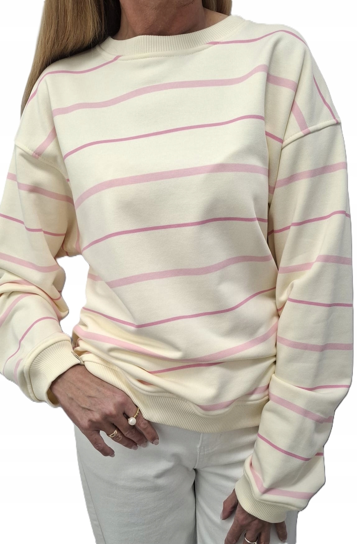 Nooda Tepláková Mikina s proužky Oversize Krémová Růžová Uni New