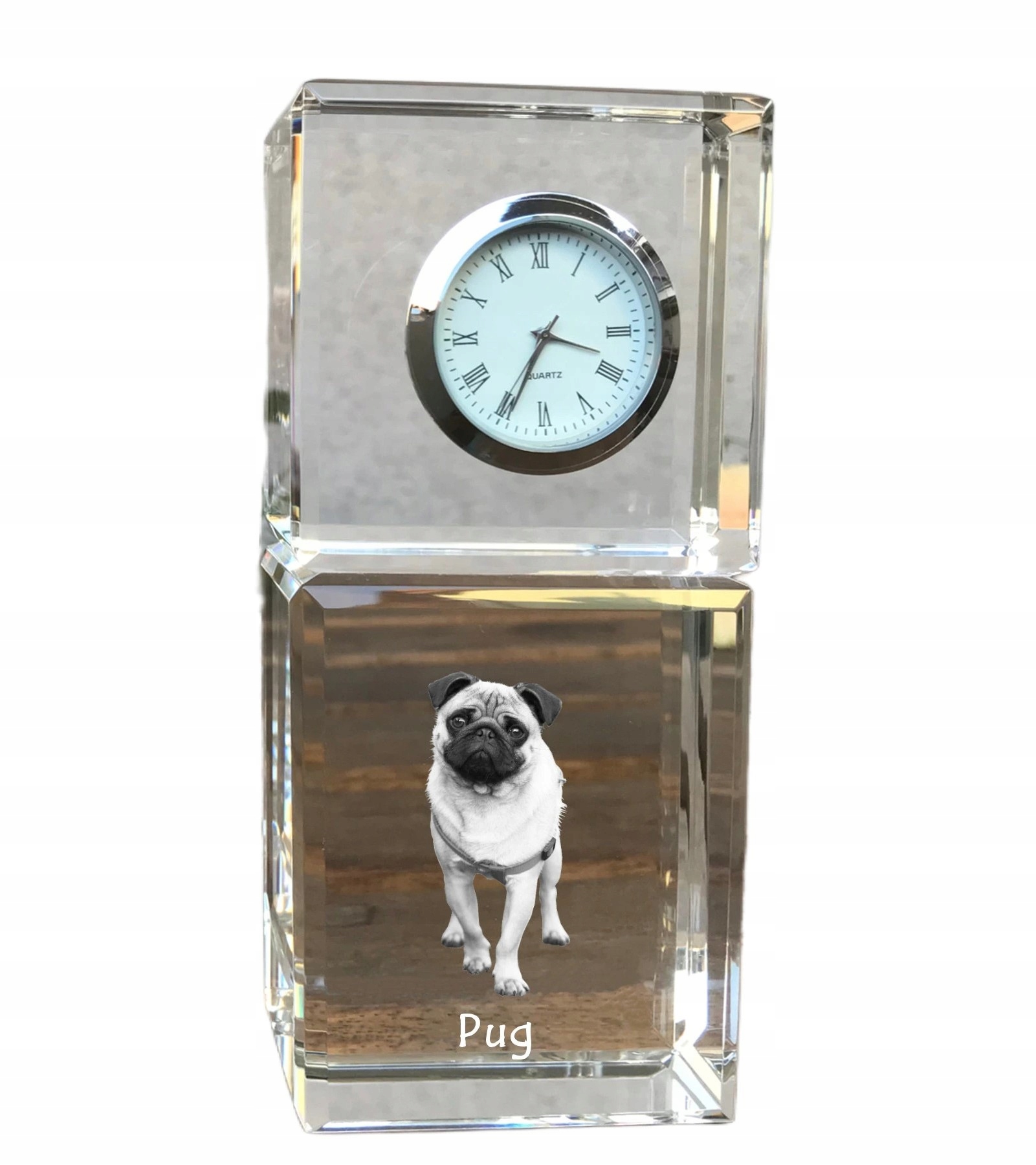 Mops, Pug krištáľové stolové hodiny so psom, s vašou fotografiou, suvenír