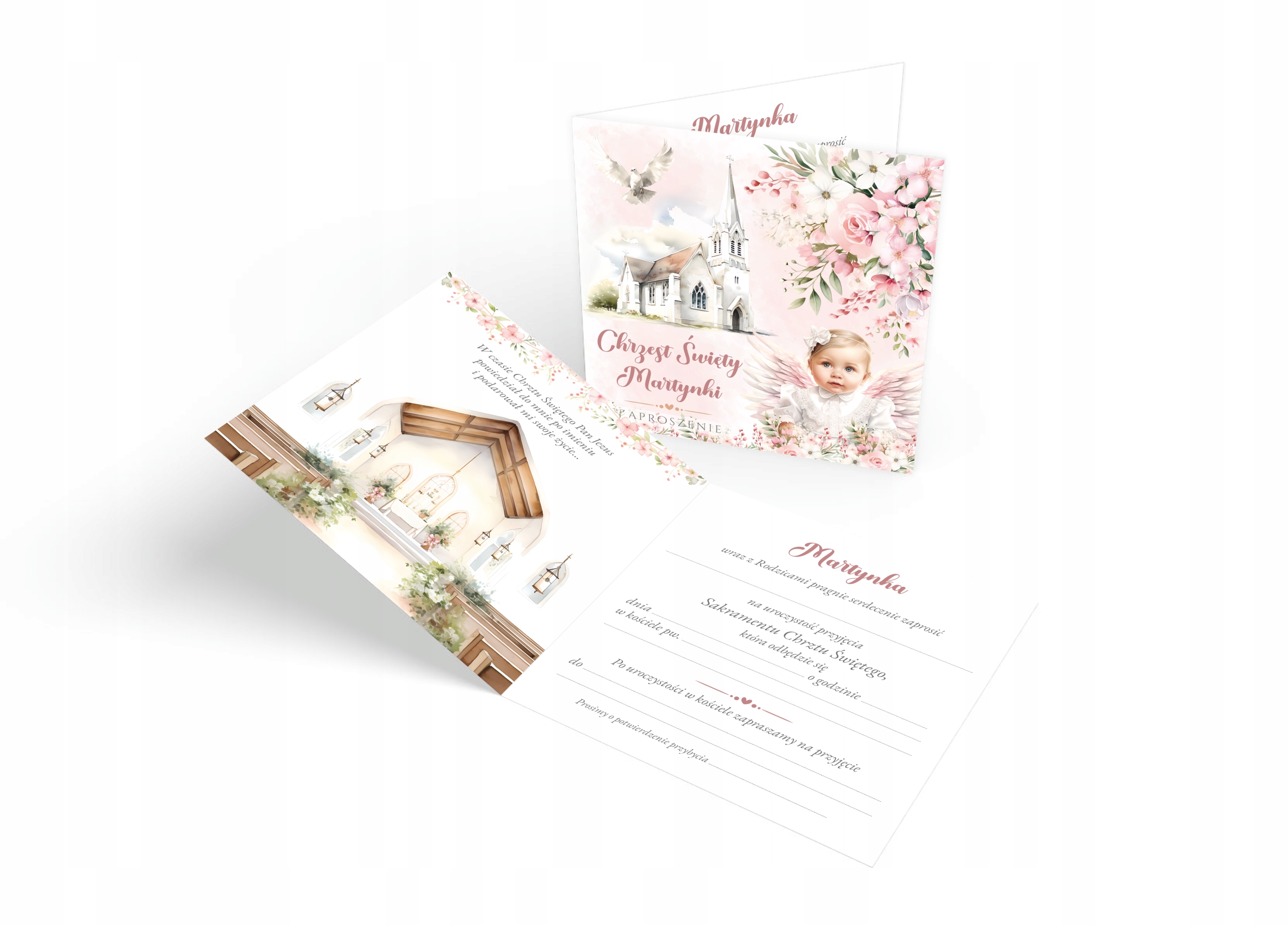 ZAPROSZENIA NA CHRZEST DLA DZIEWCZYNKI + IMIĘ + KOPERTA ANIOŁEK DZIDZIUŚ Kolor dominujący wielokolorowy