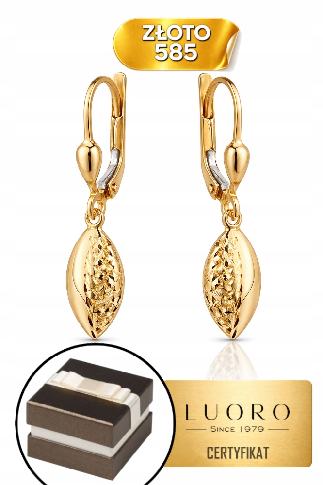 Náušnice Zlaté 585 14K Závěsné Ovál Polodiamantové 3 CM Elegantní