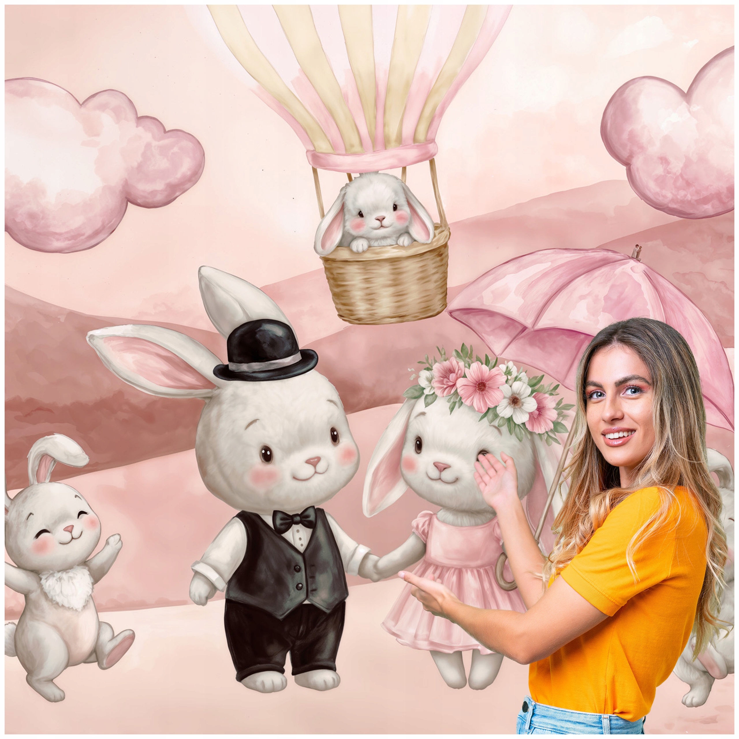 Fototapeta Pro Děti Králíci Králíčci Balón Růžový 294x260 DD10F