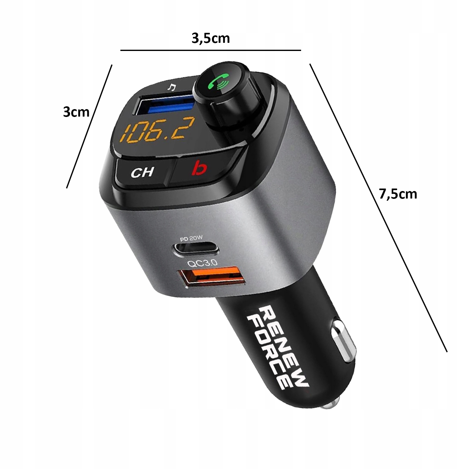 NAJMOCNIEJSZY Transmiter bluetooth FM samochodowy ładowarka 36W QC3.0 USB-C Kod producenta TRANSMITER SAMOCHODOWY LED FM RENEW FORCE