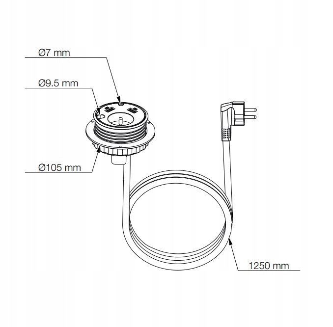 Gniazdo wpuszczane w blat fi80 z ładowarka USB Długość (cm) 8