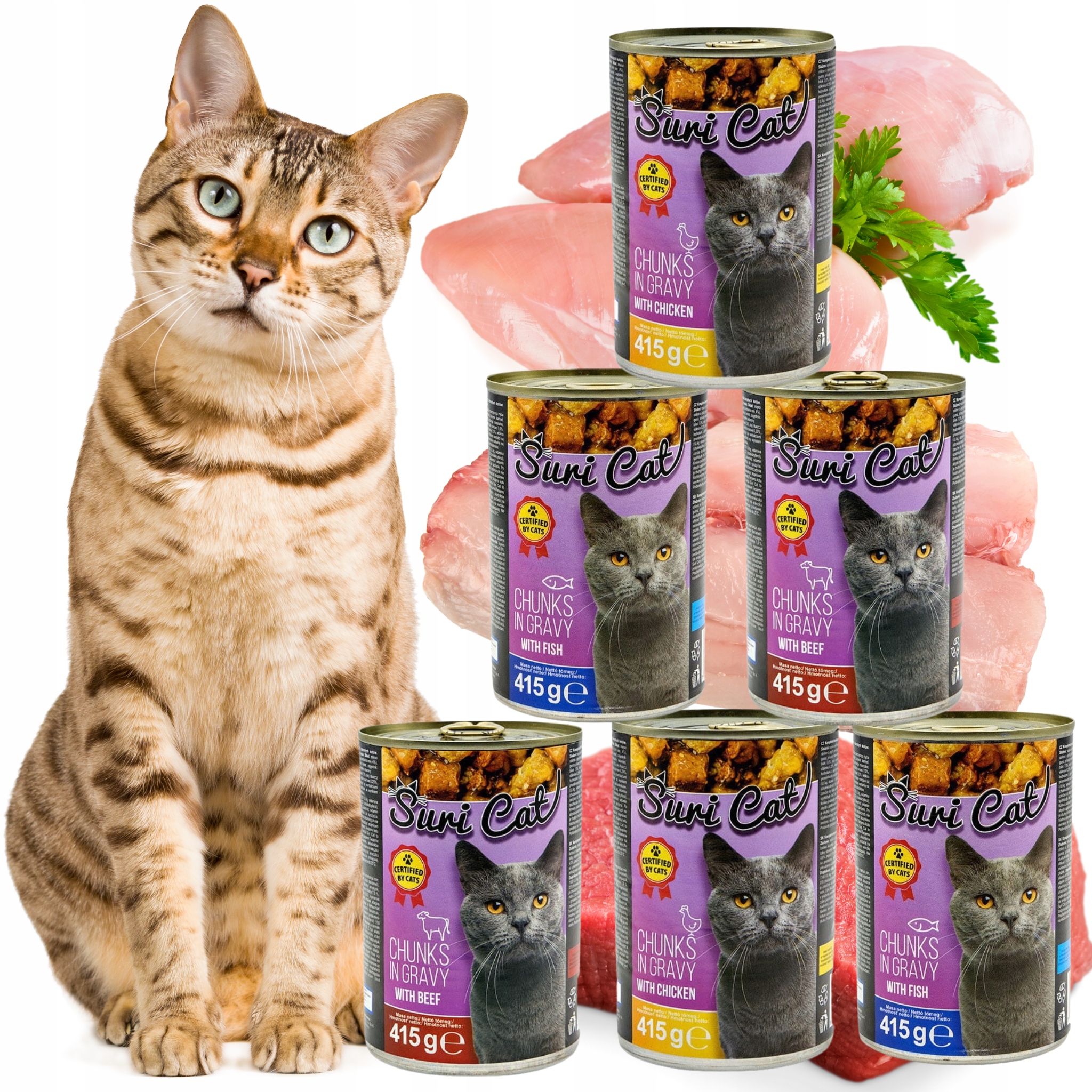 Levně Mokré krmivo pro kočky konzerva Suri Cat mix chutí kousky v omáčce 415 g 30 ks