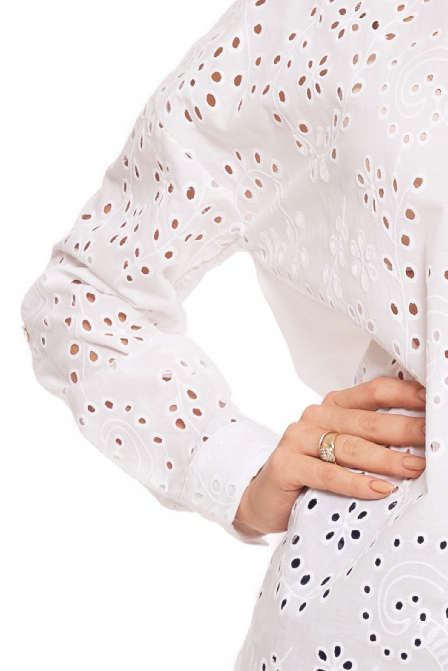 ELEGANCKA BIAŁA KOSZULA DAMSKA BAWEŁNIANA AŻUROWA LUŹNA BOHO MORAJ R.XXL Dekolt kołnierzyk