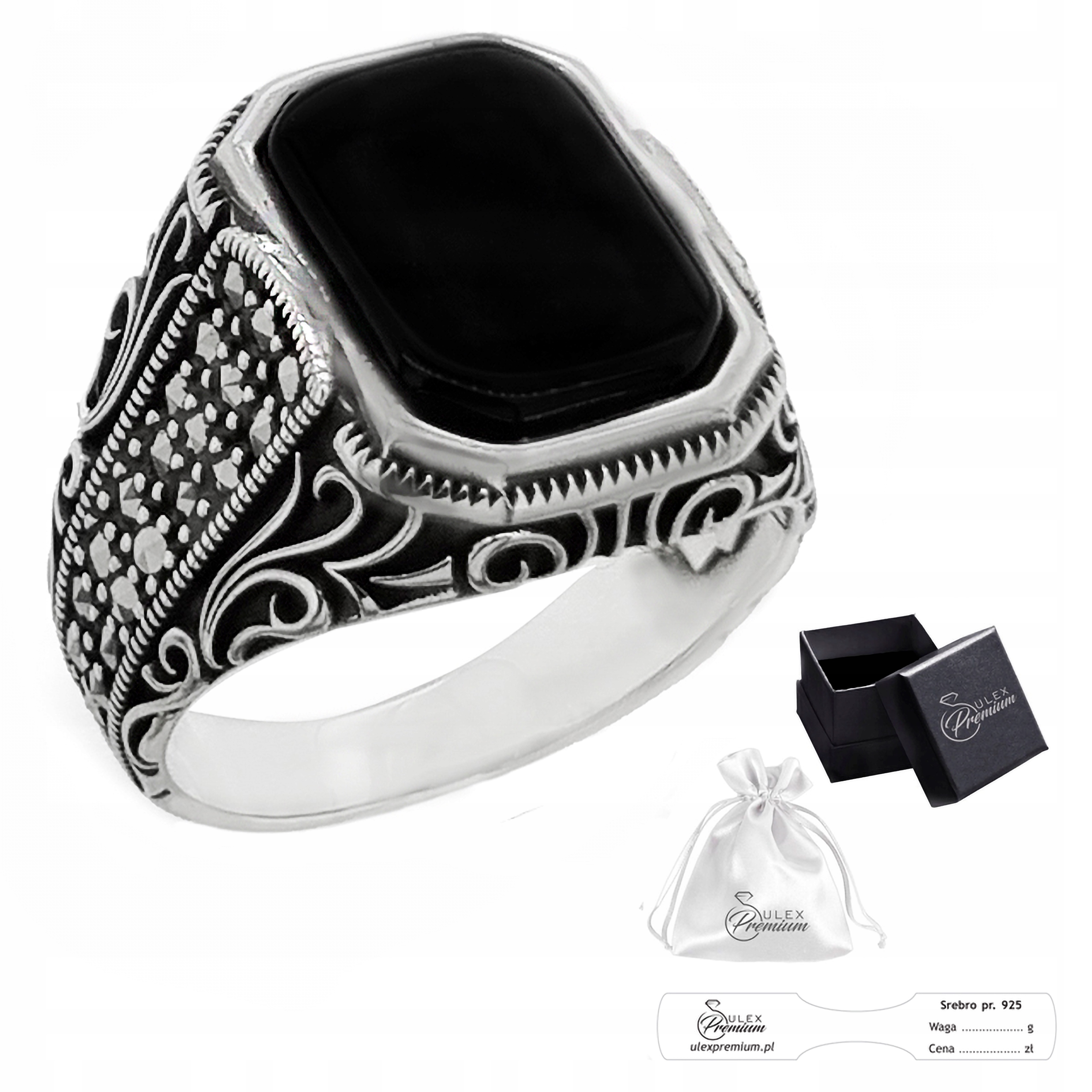 Stříbrný prsten ryzost 925 Elegantní prsten s onyxem a markýzami vel.