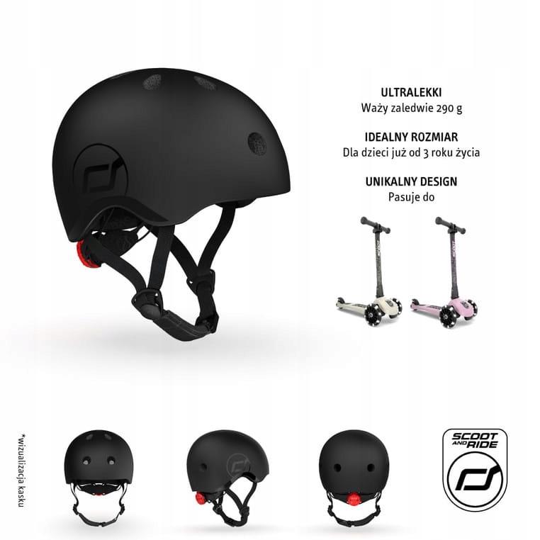 Kask z Lampką Led na hulajnogę rower 51-55 od 3 lat czarny Scoot&Ride
