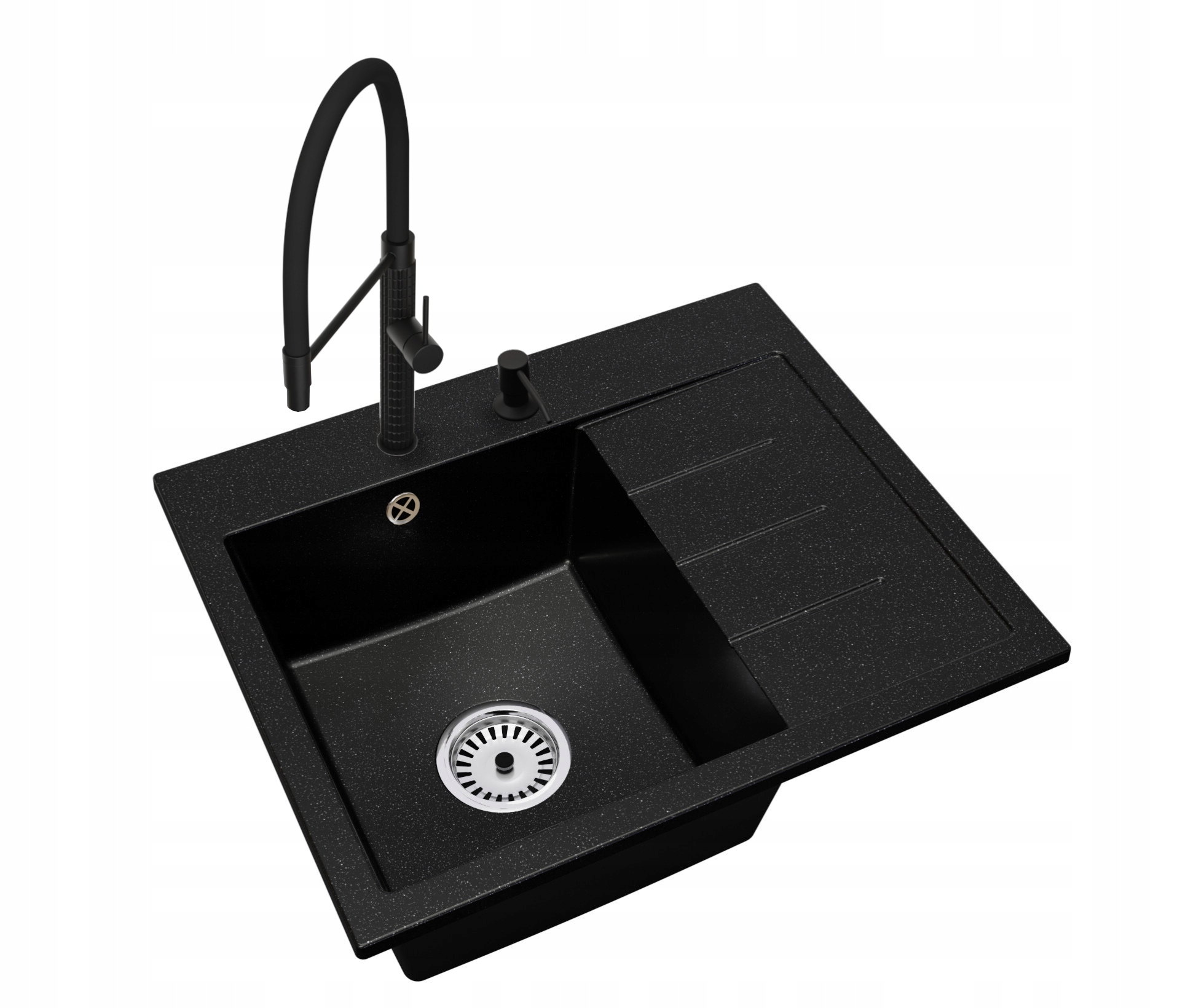 Dřez Exclusive 60 Pravý Tečkovaný Stříbro Sifon Baterie Dávkovač