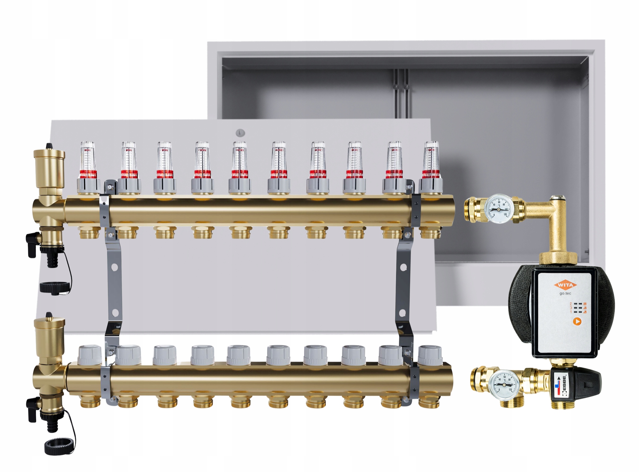 Rozdělovač pro podlahu 10 okruhů se skupinou Wita podomítková skříňka