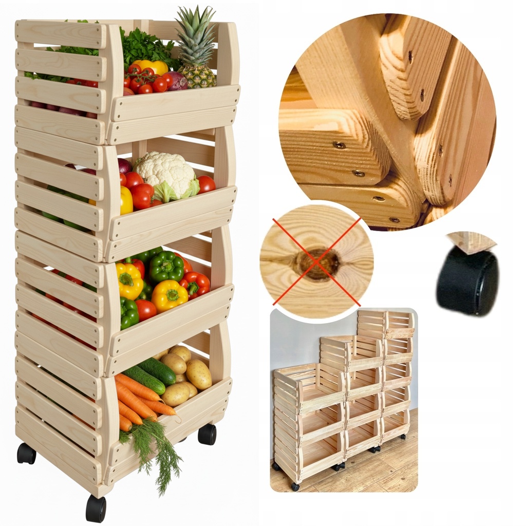 Krabice Dřevěné boxy na zeleninu a ovoce Regál Organizér Kontejner na kolečka