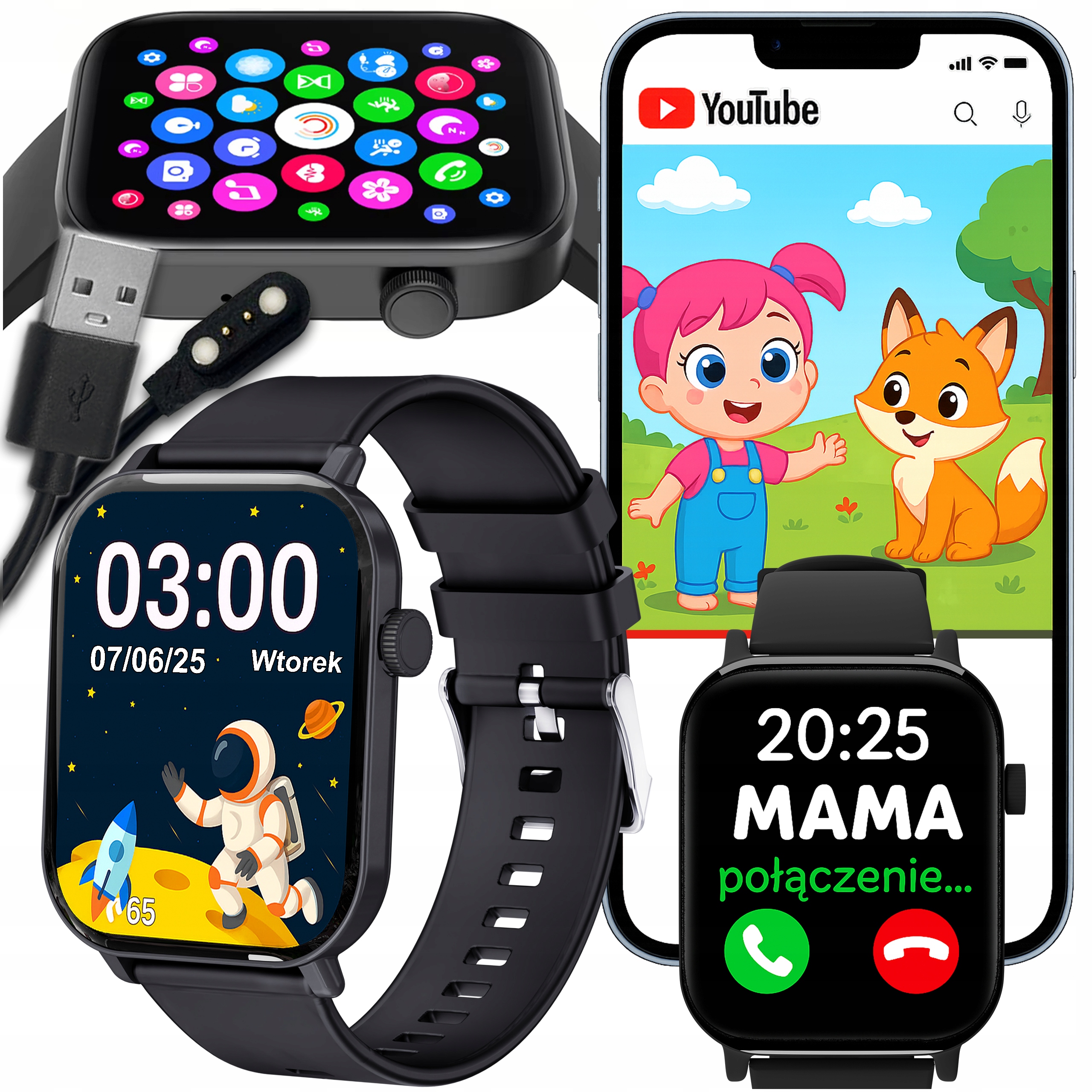 Smartwatch Zegarek Dla Dzieci Dziecka Telefon Sms Bluetooth IP68 Czarny