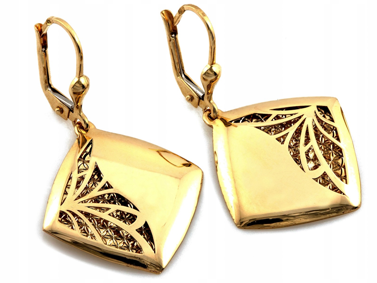 Zlaté náušnice závěsné 585, čtvercový tvar s ažurem, ryzost 4.38 g dárek