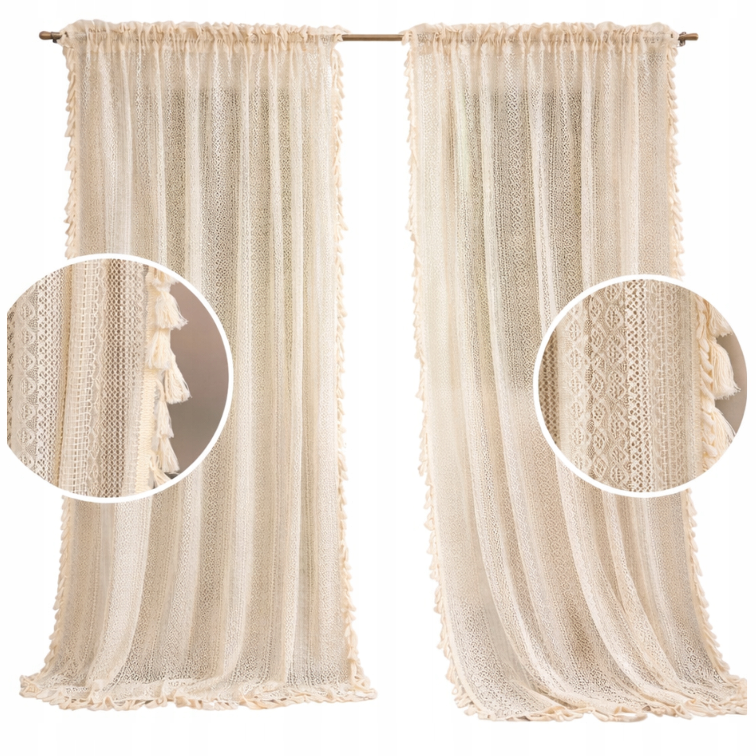 Firana Boho Rustykalna Vintage 145x250 klasyczna gotowa z frędzlami beżowa